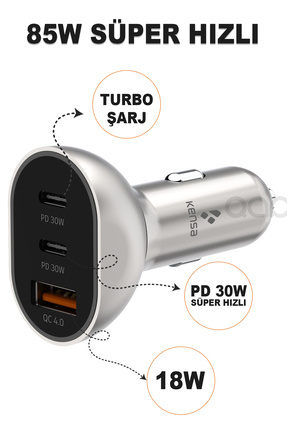 TEKNOHANE 30 Watt Type-C + USB-A Araç Şarj Aleti iPhone & Android Araç içi Şa...