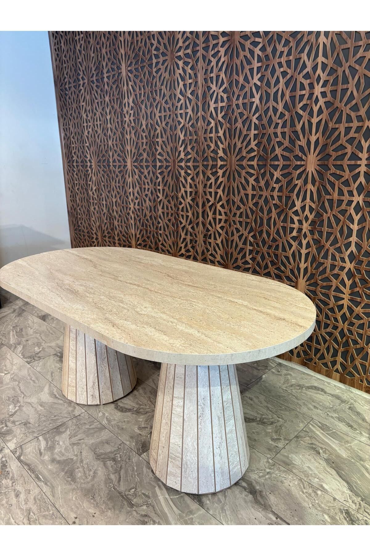 DOĞUKAN HOME Traverten Oval Piramit Yemek Masası