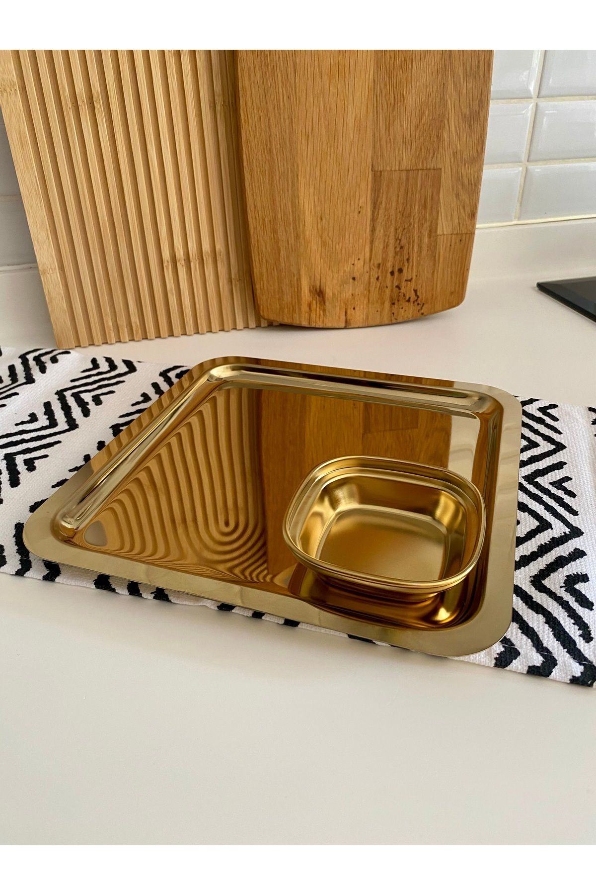 PudraLuna 4lü Paslanmaz Çelik Kare Gold Tepsi 21*21 Kahve Pasta Çay sunum Tepsisi