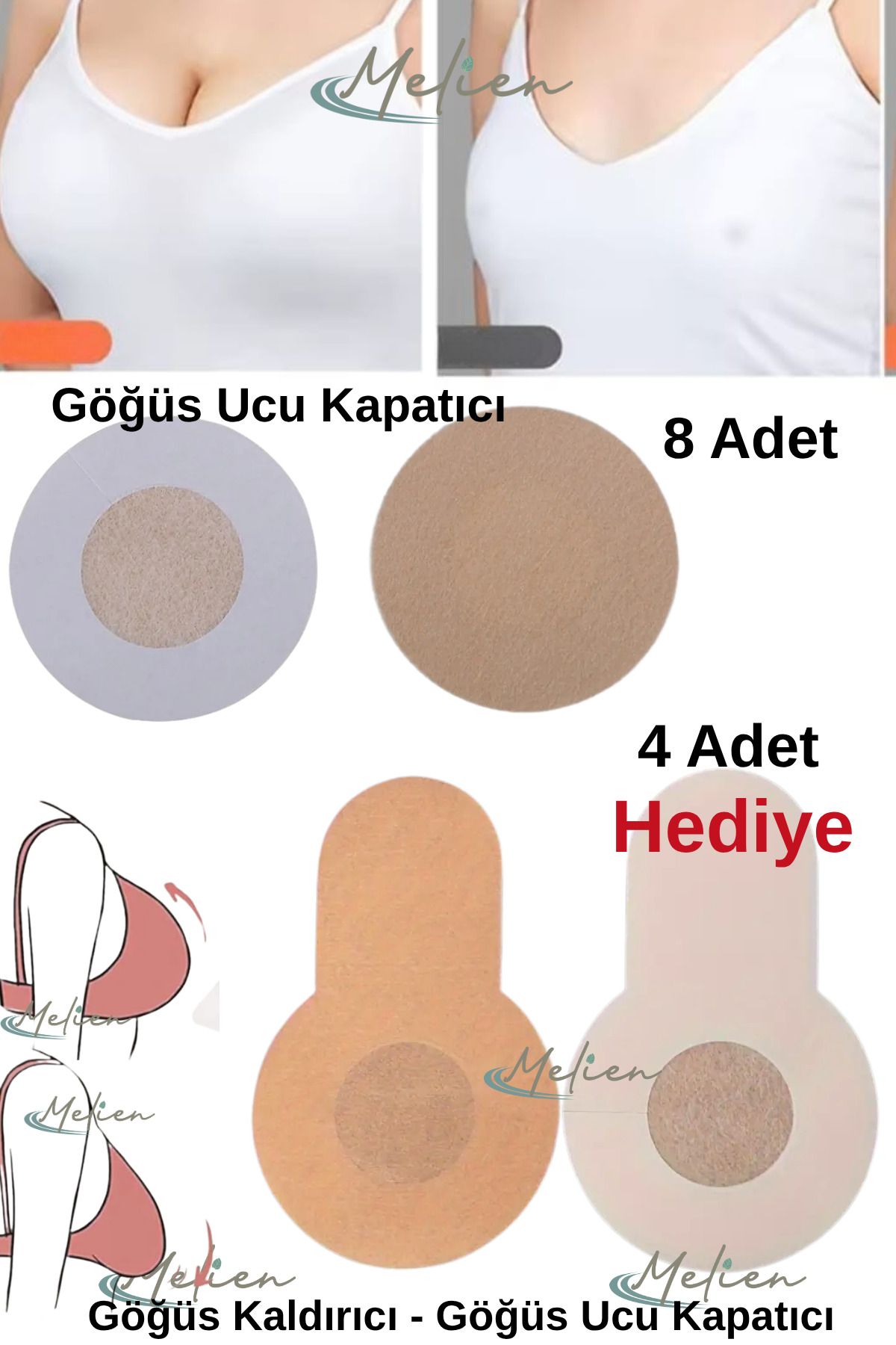 Melien 8’li Göğüs Meme Ucu Kapatıcı + 4’lü Push-Up Göğüs Kaldırıcı Koruyucu Sütyensiz Ped Bez Bant Seti