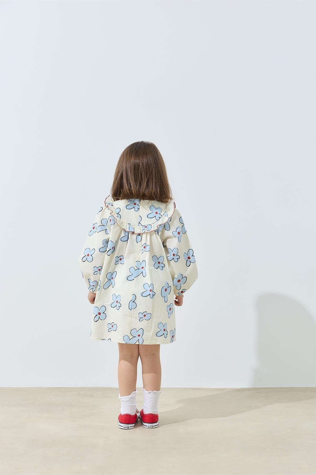 Tics-Ecru Ruffled Floral Patterned Dress 3