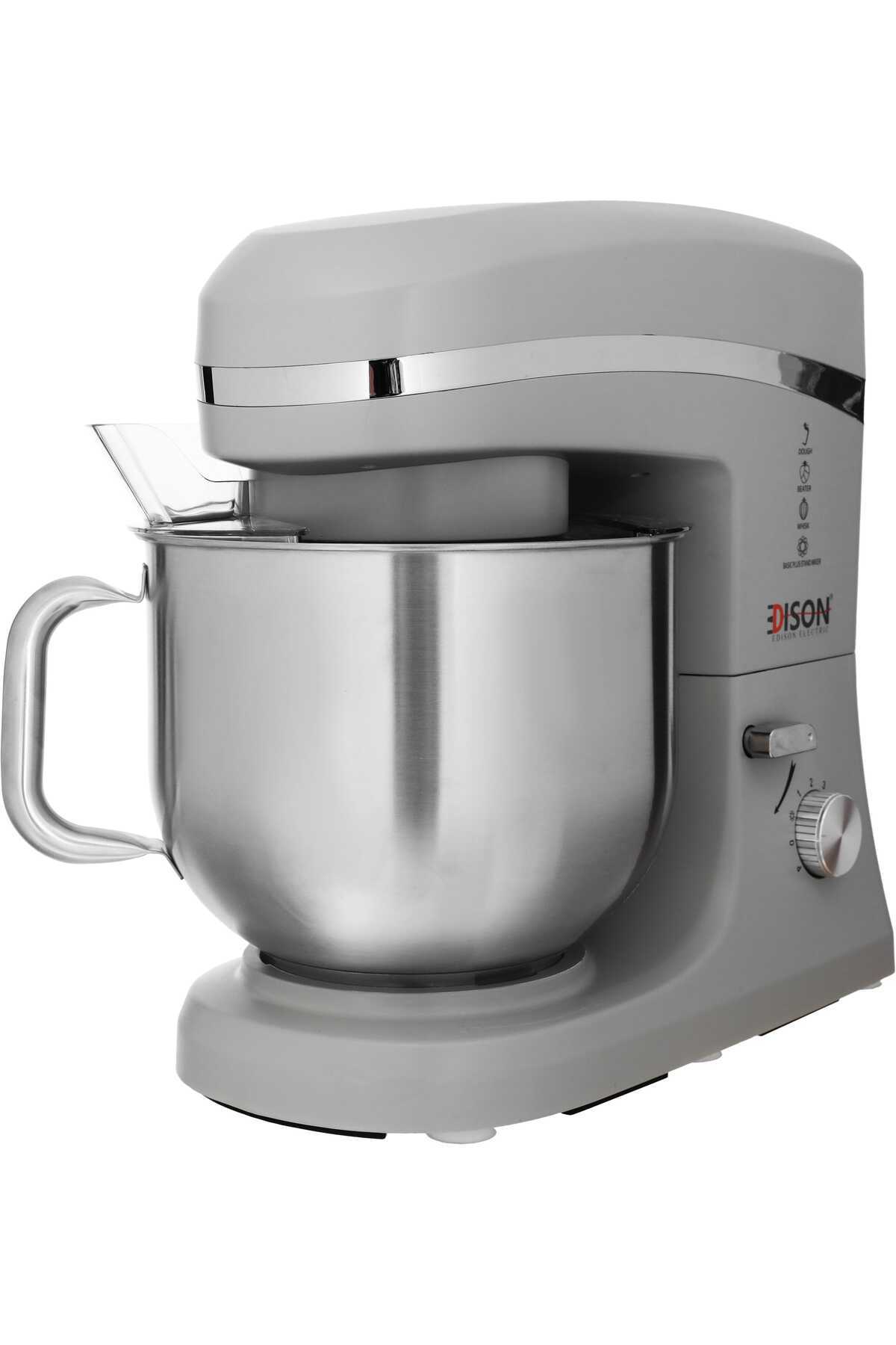 Edison-Edison Basic Plus Stand Mixer, 1000 Watt, 6.5 Liter, 6 Speeds, 3 Functions, Stainless Steel Bowl, SM-9844 - Light Grey 4