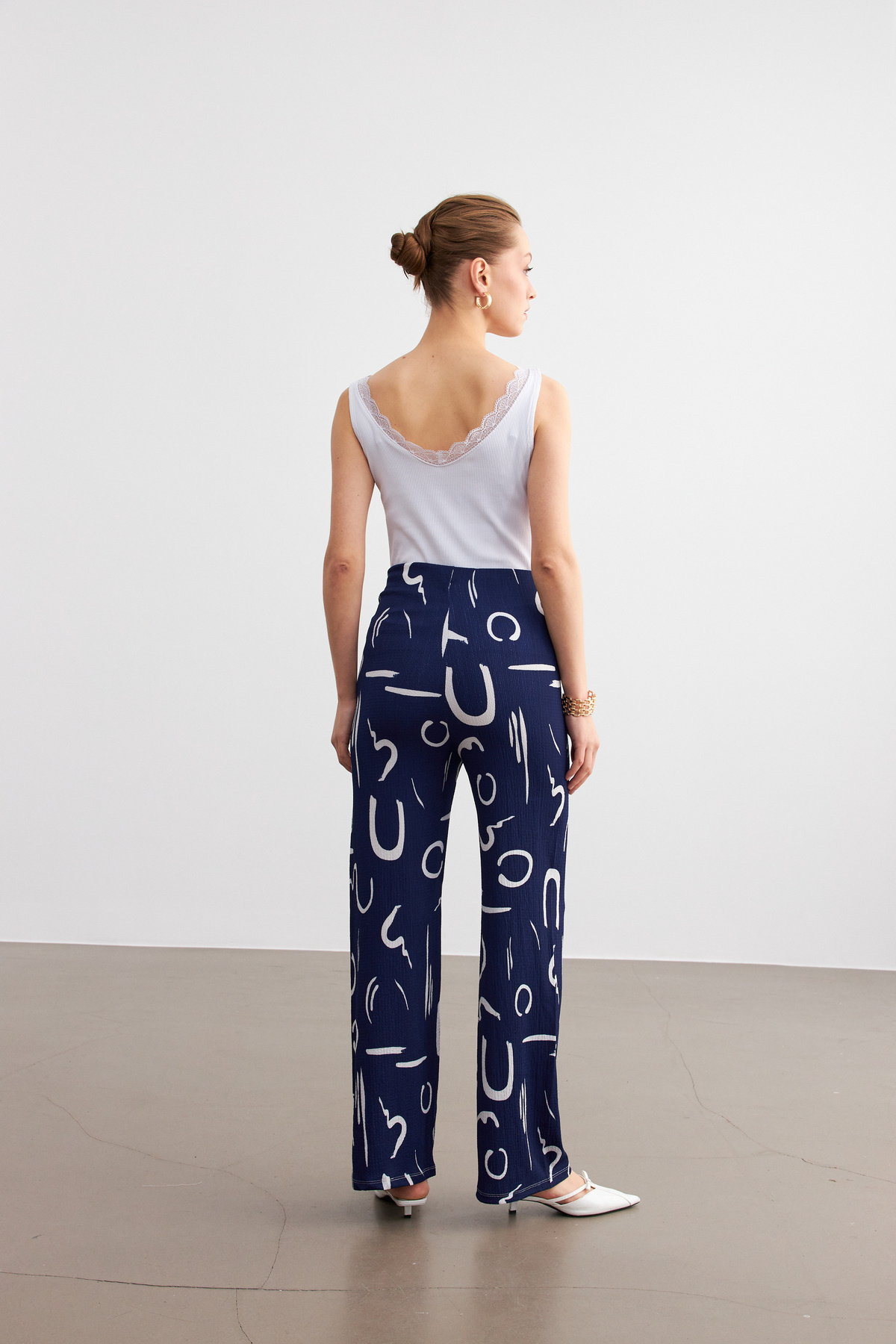Trendseninle-Women's Navy Blue Patterned Pipe Leg Trousers 5