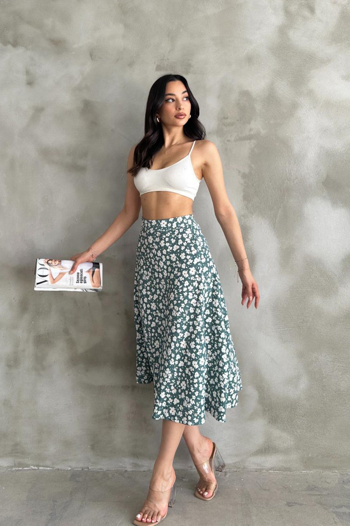 Mila-Mint Patterned Slit Midi Skirt 4