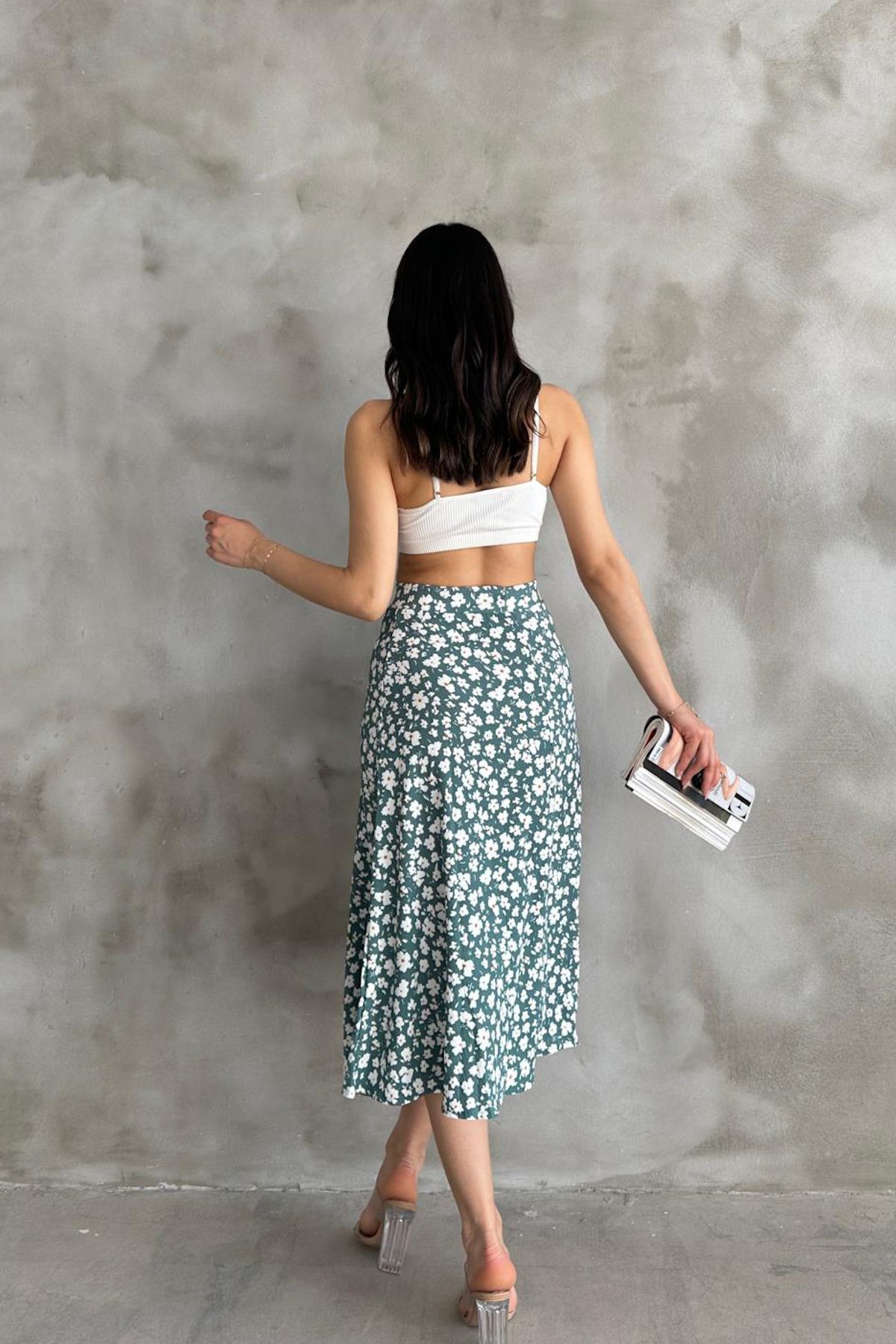 Mila-Mint Patterned Slit Midi Skirt 3