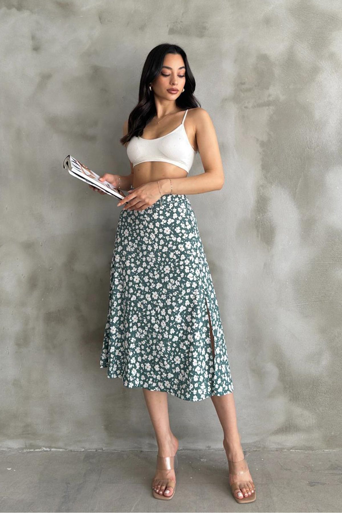Mila-Mint Patterned Slit Midi Skirt 2