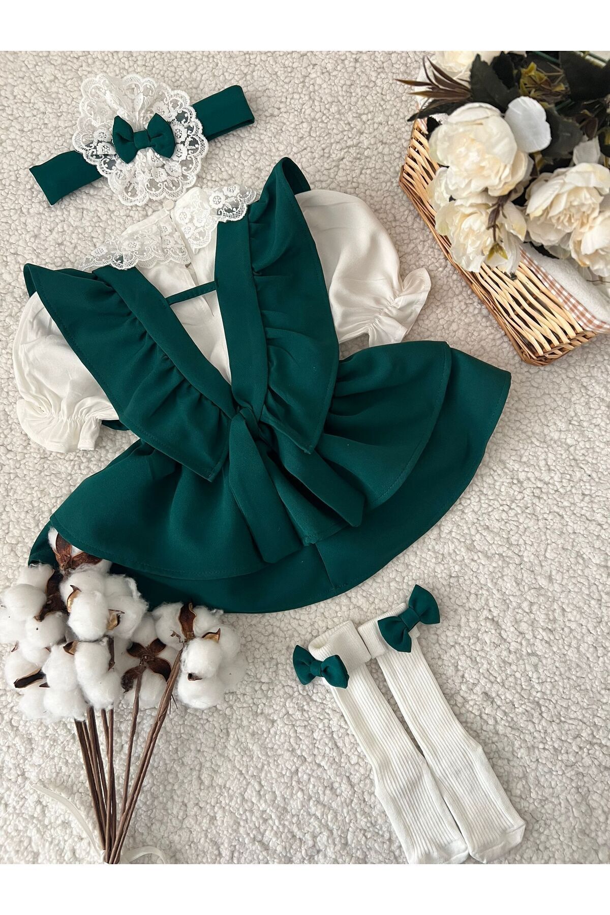 BİYA BABY Kısa Kollu Gömlekli Kız Çocuk Bebek Askılı Etek Salopet Bandana Çorap Takım Set fotoğrafı 4 (önizleme)