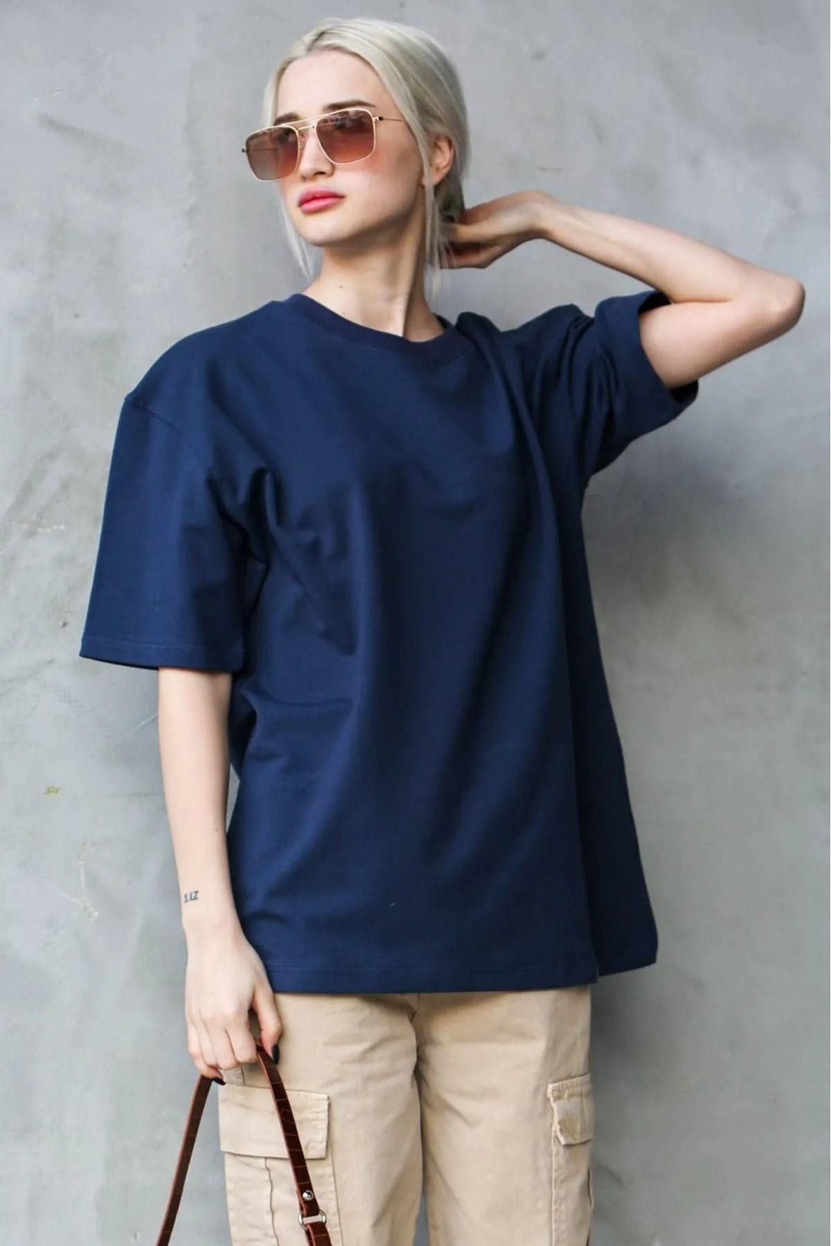 Tight Lady Süper Kalite Kadın %100 Pamuk Lacivert Bisiklet Yaka Oversize Boyfriend T-shirt