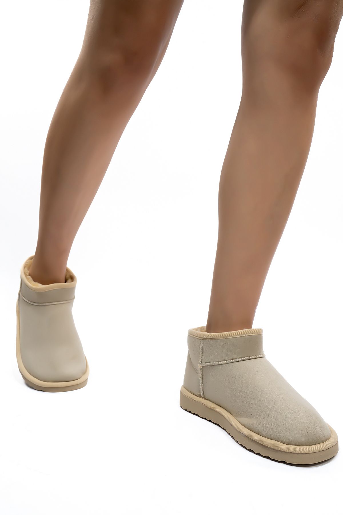 Cochines-Γυναικείες μπότες μπεζ σουέντ Ultra Mini Suede μπότες με γούνα στο εσωτερικό Χειμερινή σόλα Κοντό τακούνι 5