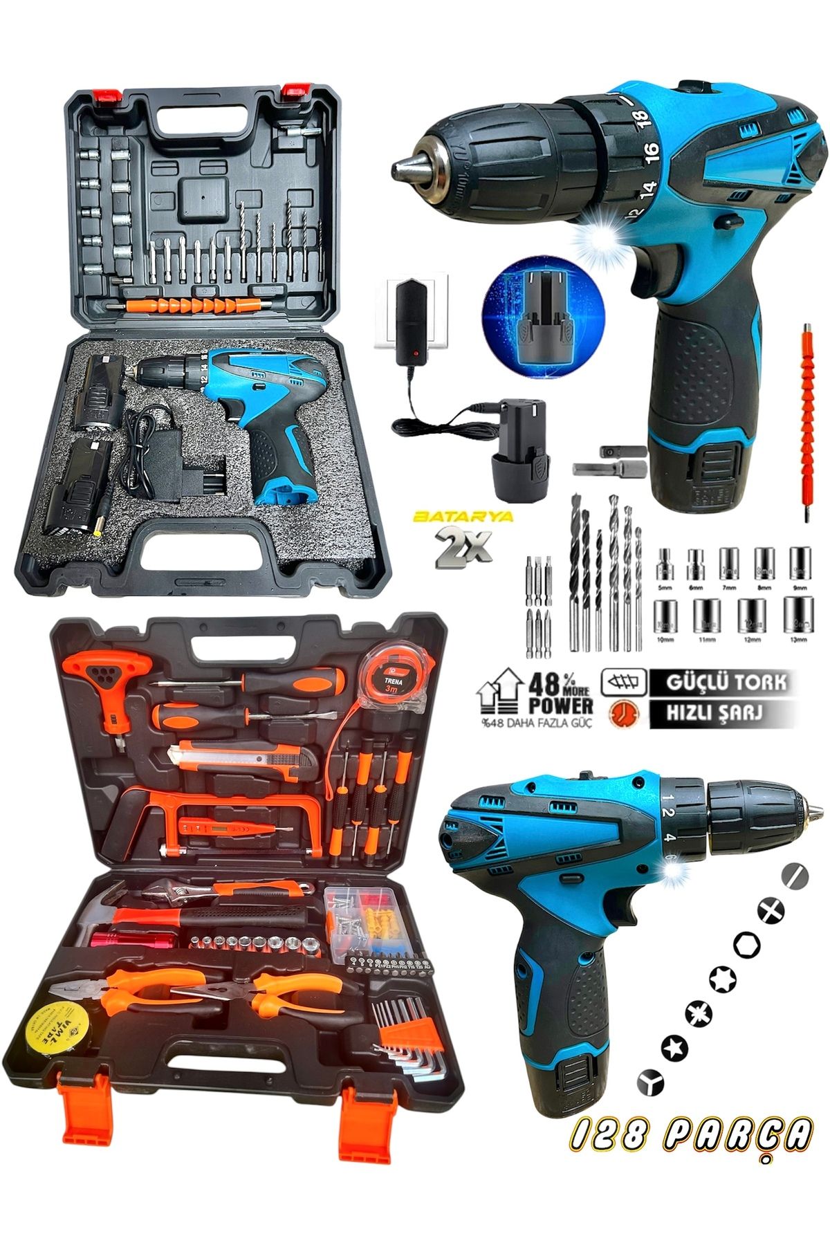 STANVOLT 128 Parça Kömürsüz Motor Takım Seti 2 Akülü Matkap + Alet Takımı