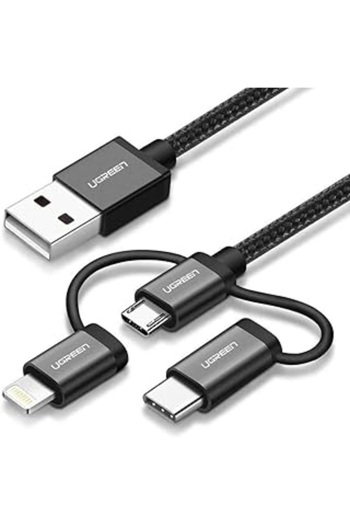 TBSProjects Ugreen 3'Ü 1 Arada Ios Lightning Type-C Micro Usb Şarj Ve Data Kablosu Siyah, 1 Metre