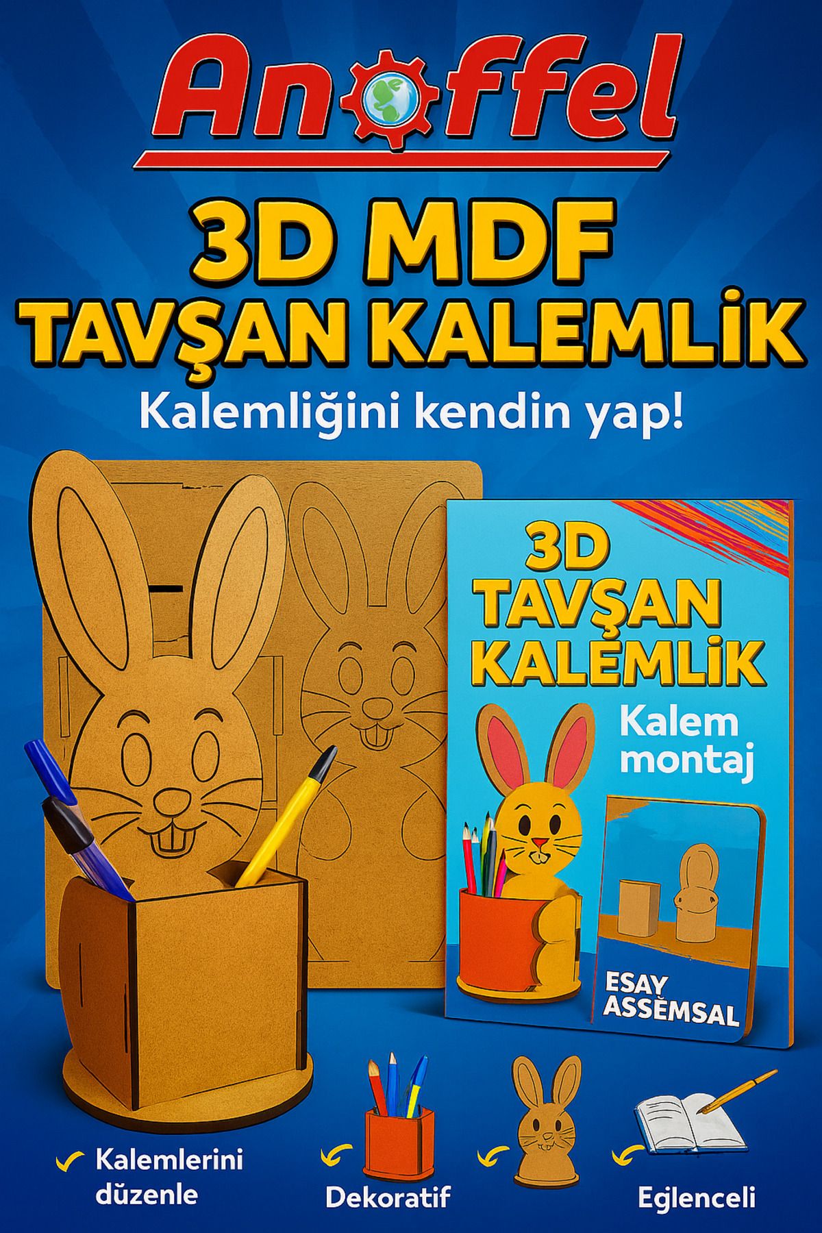 Anoffel AHŞAP 3D TAVŞAN KALEMLİK YAP BOYA VE KULLAN