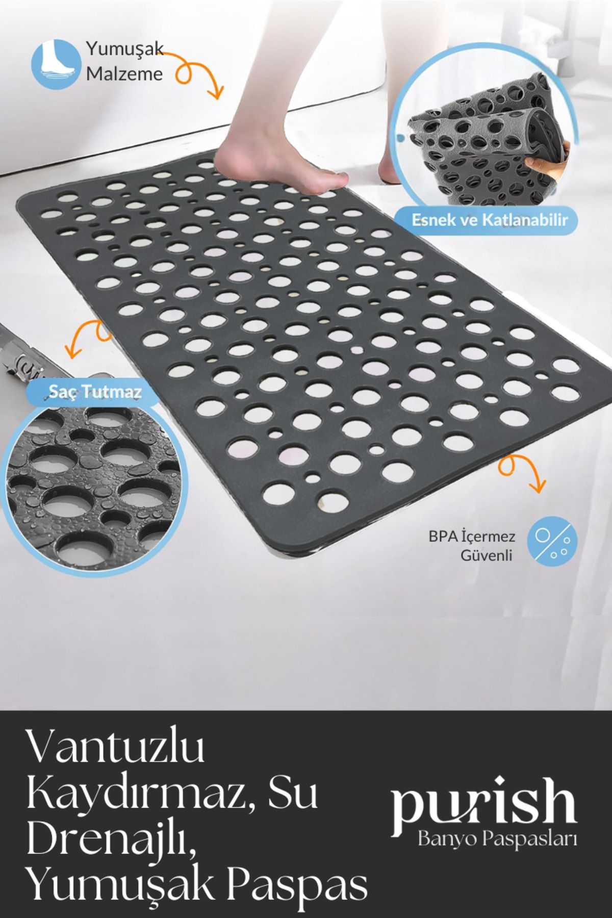 Purish | Banyo Duş Küvet Için Vantuzlu Kaydırmaz, Su Drenajlı, Yumuşak Paspas - Antrasit Gri - 66x36cm