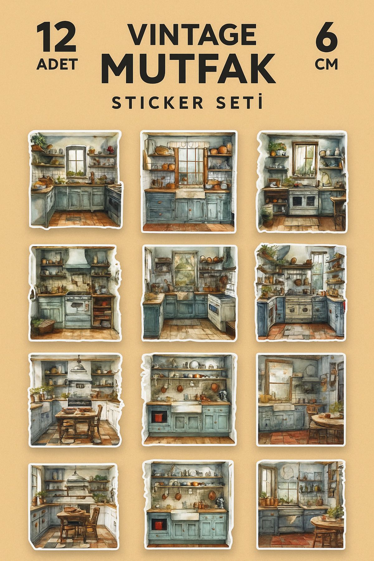cakaybu Vintage Mutfak Temalı Sticker Seti – 12 Adet, 6 cm | Defter, Laptop, Bujo, Hediye Paketi Süsü