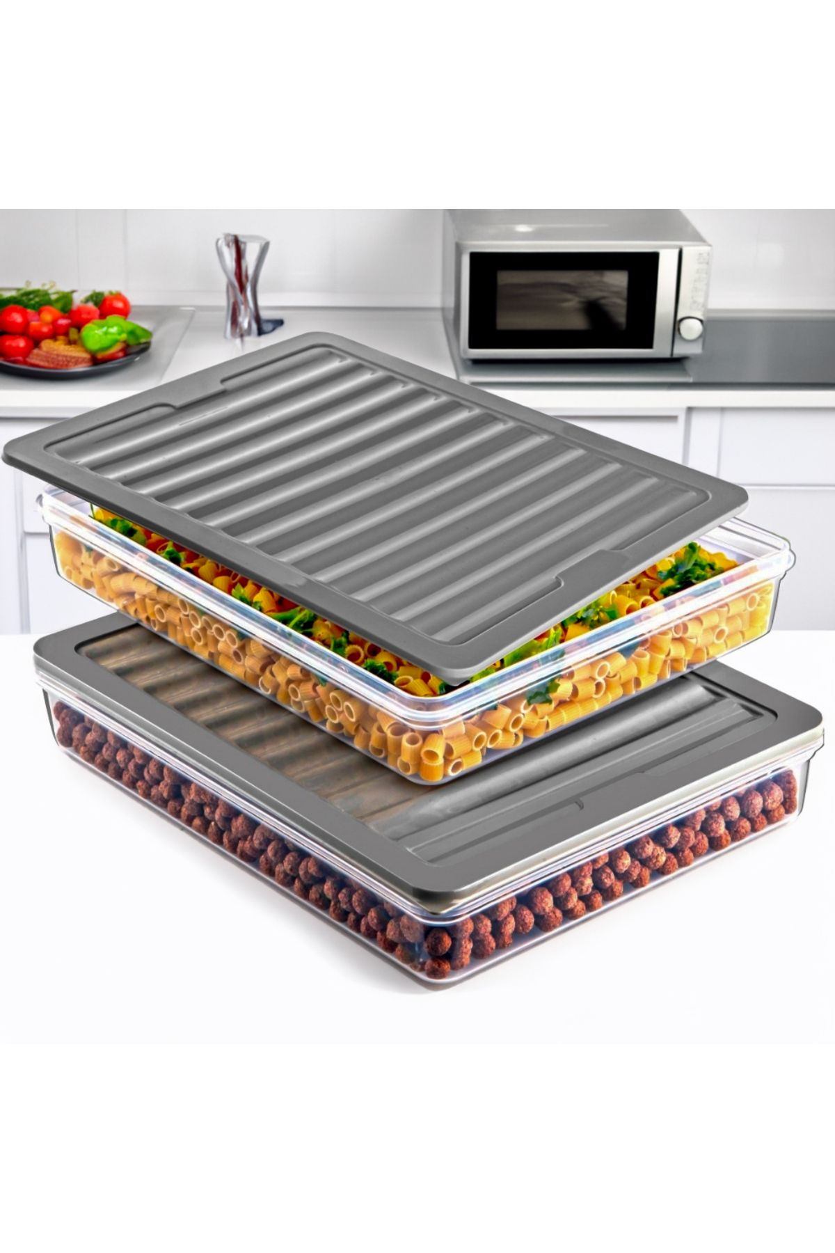 Ginza Maison-Set Of 2 Freshbox Food Containers, 2 Boxes With Lids X 2400 Ml, Transparent White, Grey Lid 4