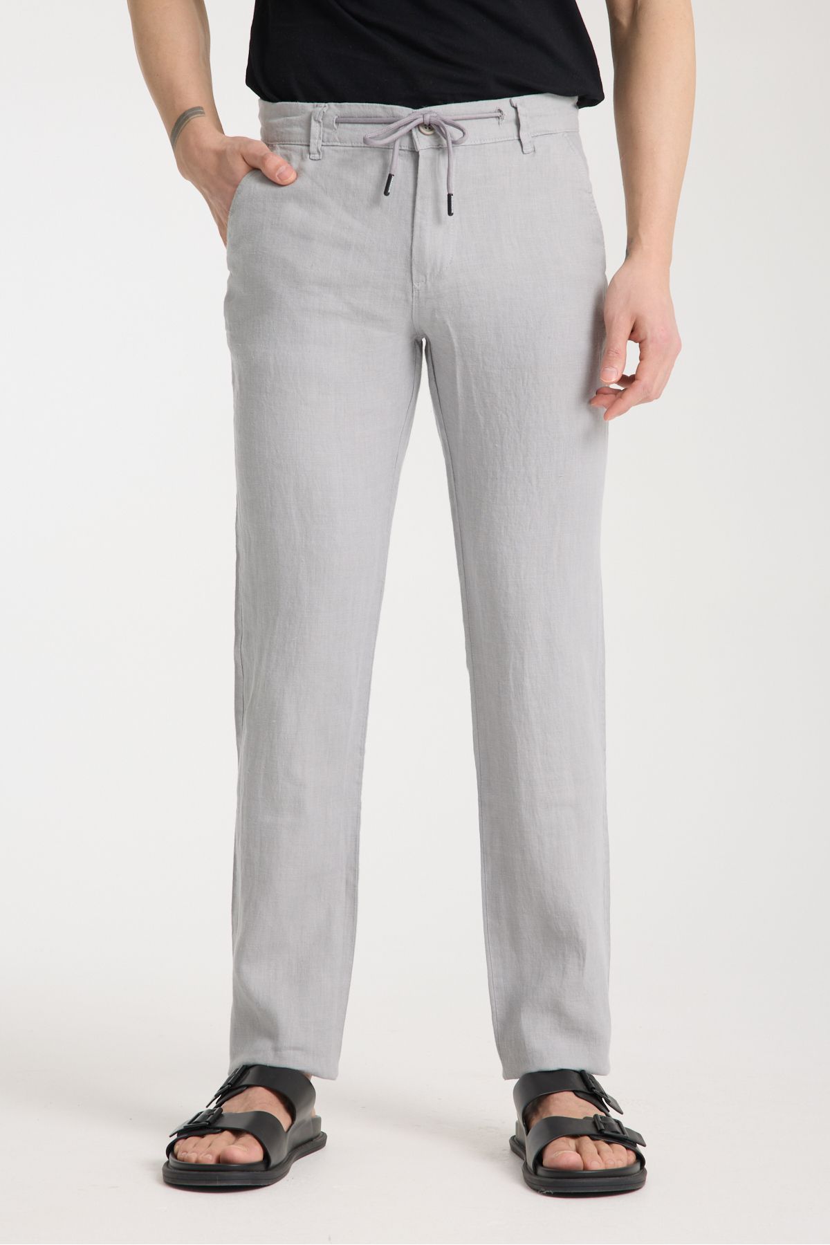 muzzo jeans-Gray 100% Linen Trousers with Elastic Waist 2