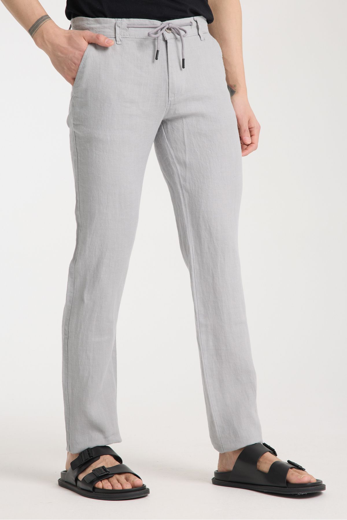 muzzo jeans-Gray 100% Linen Trousers with Elastic Waist 3