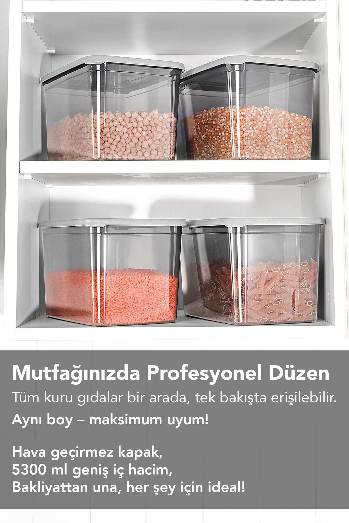 Meleni Home-2 Deep Food Storage Containers with Labels - Large Size Flour Pulses Container Food Box Anthracite 5300 ml 3