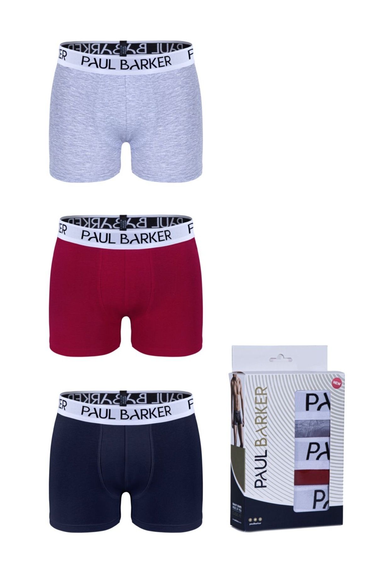 Paul Barker 3'lü Erkek Boxer Seti – Bordo, Lacivert, Gri