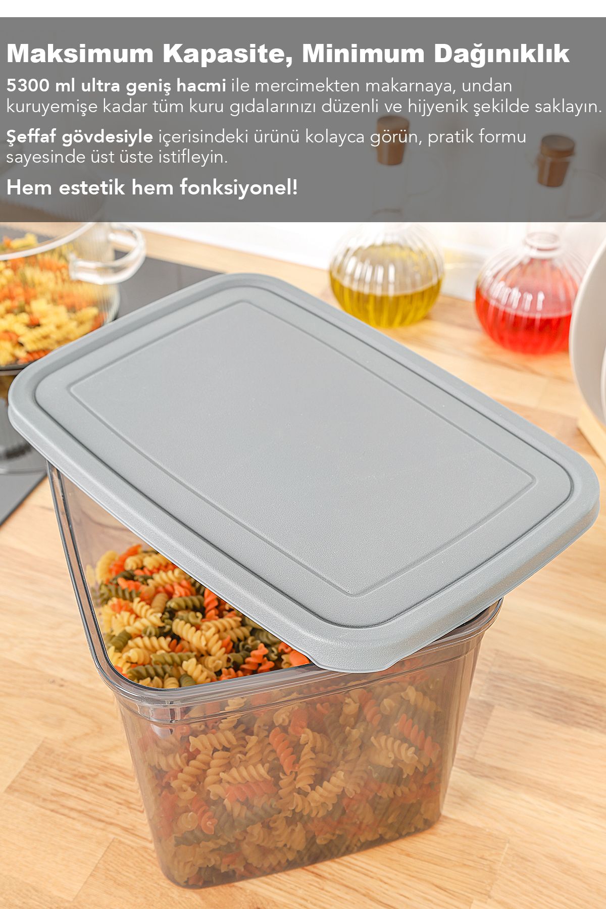 Meleni Home-2 Deep Food Storage Containers with Labels - Large Size Flour Pulses Container Food Box Anthracite 5300 ml 5