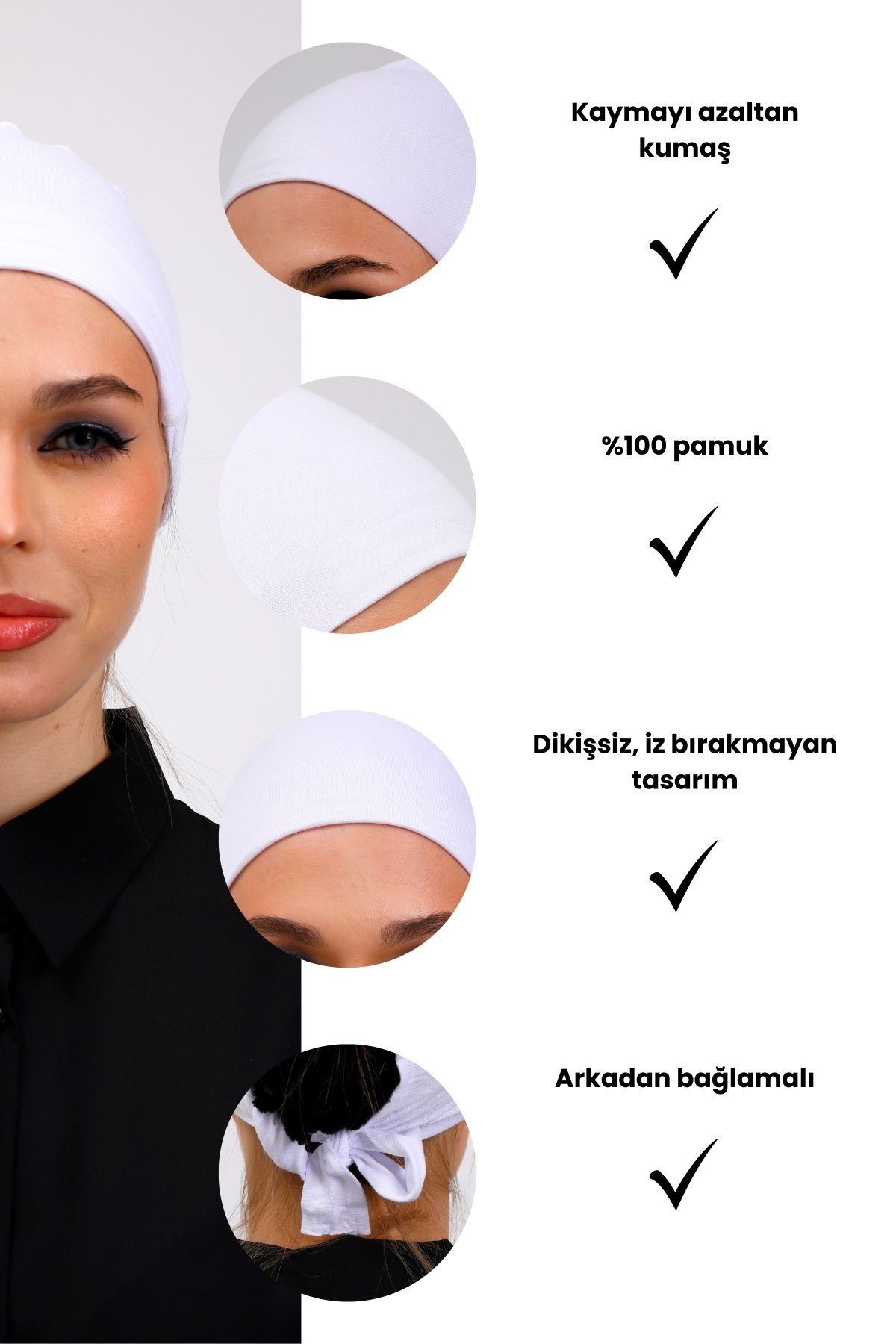 LA SEFA Dikişsiz Bağcıklı Tesettür Penye Bone 4adet- 2Siyah-2Beyaz-