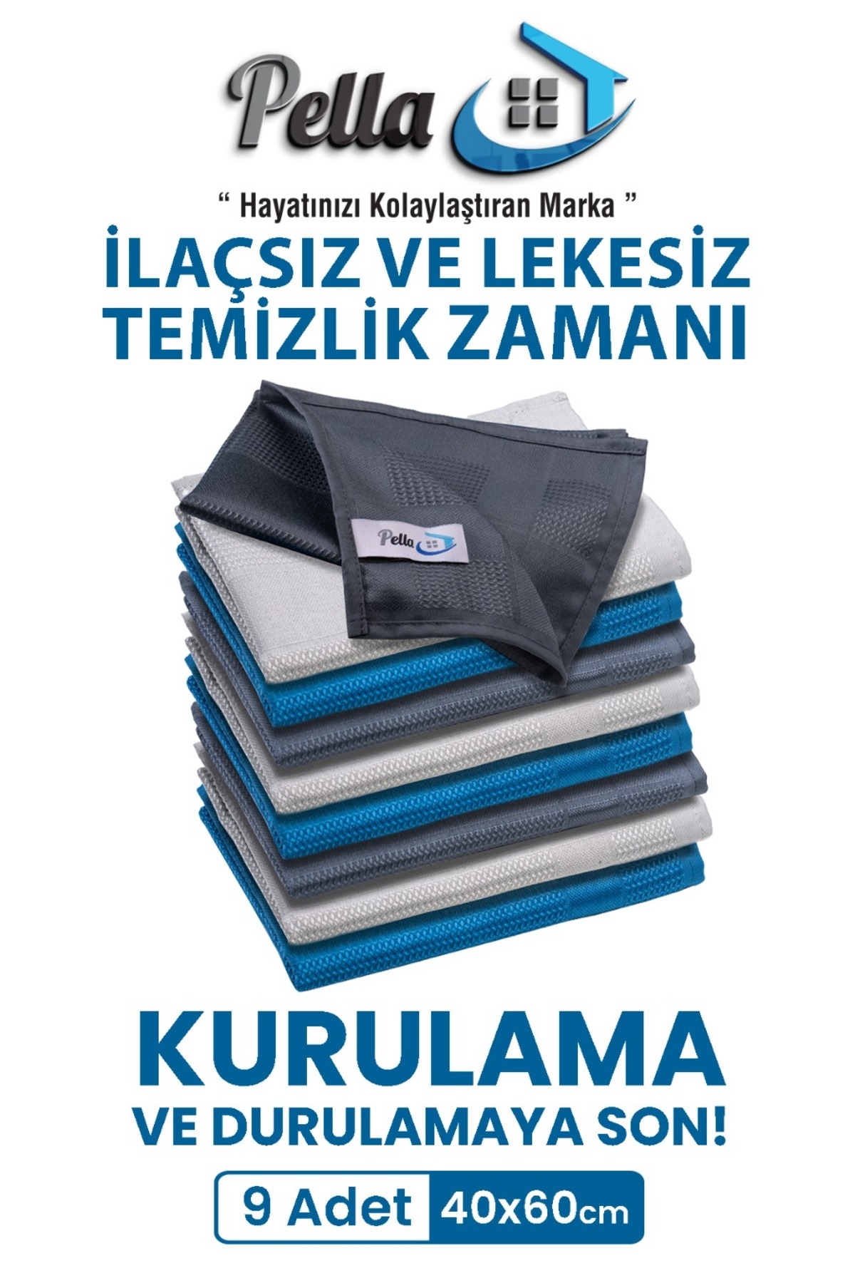 pella 9'Lu Mikrofiber Temizlik Bezi, Cam, Araba Silme Bezi, Mutfak, Fiber Temizleme Bezi, 60x40 Cm