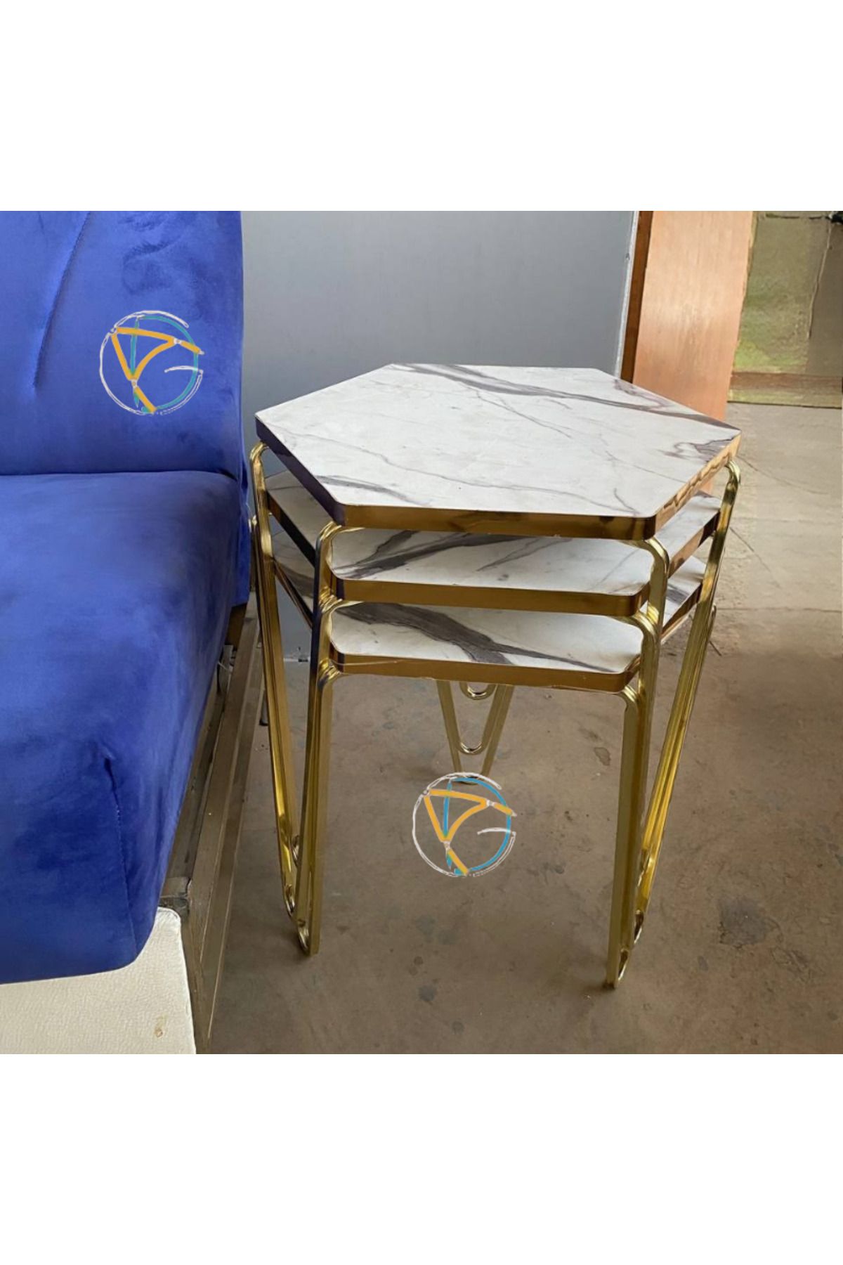 ADG METAL Artikon Altıgen Gold Metal Ayaklı Ahşap Mermer Desenli Demonte 3’lü Sehpa