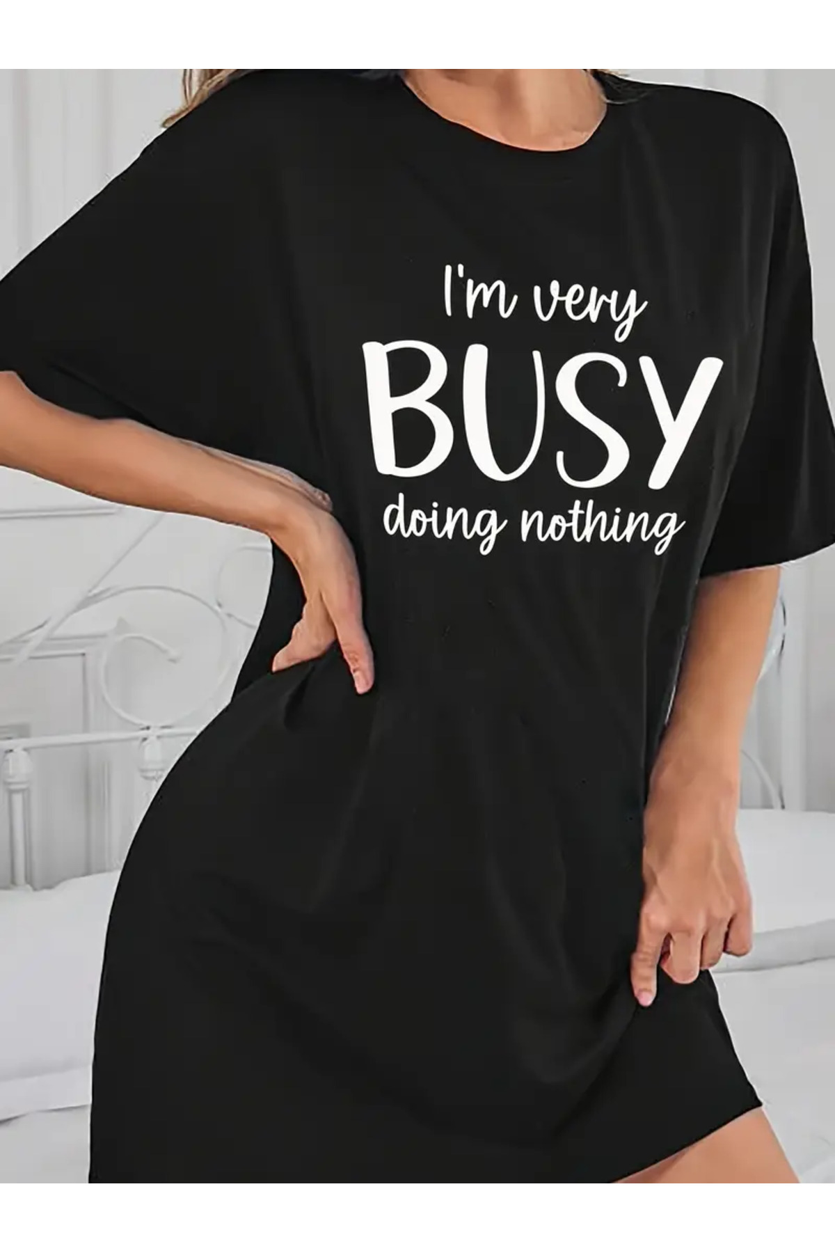 Pink Sky Büyük Beden Kadın Kısa Kollu Bisiklet Yaka T-shirt Elbise Gecelik