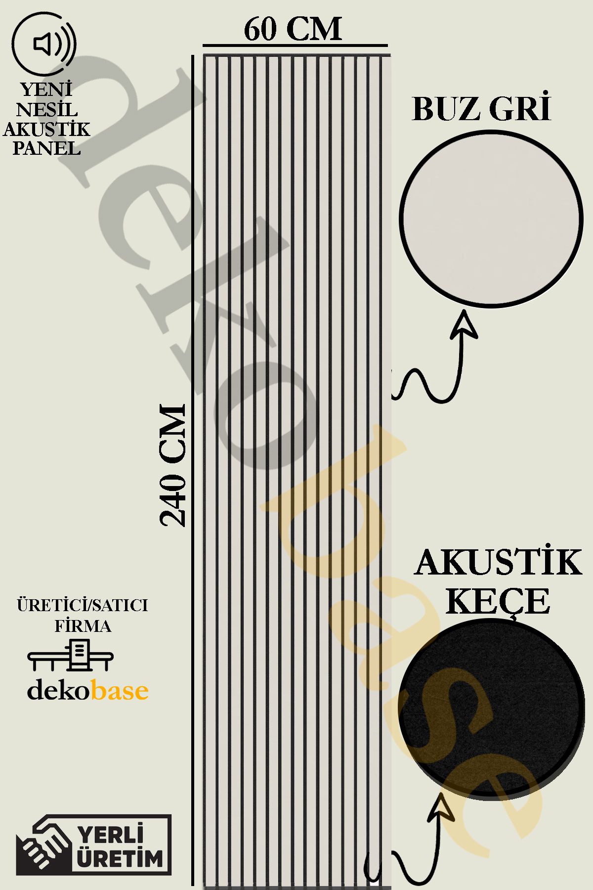 dekobase 60x240cm Açık Gri Yeni Nesil Akustik Ahşap Duvar Paneli