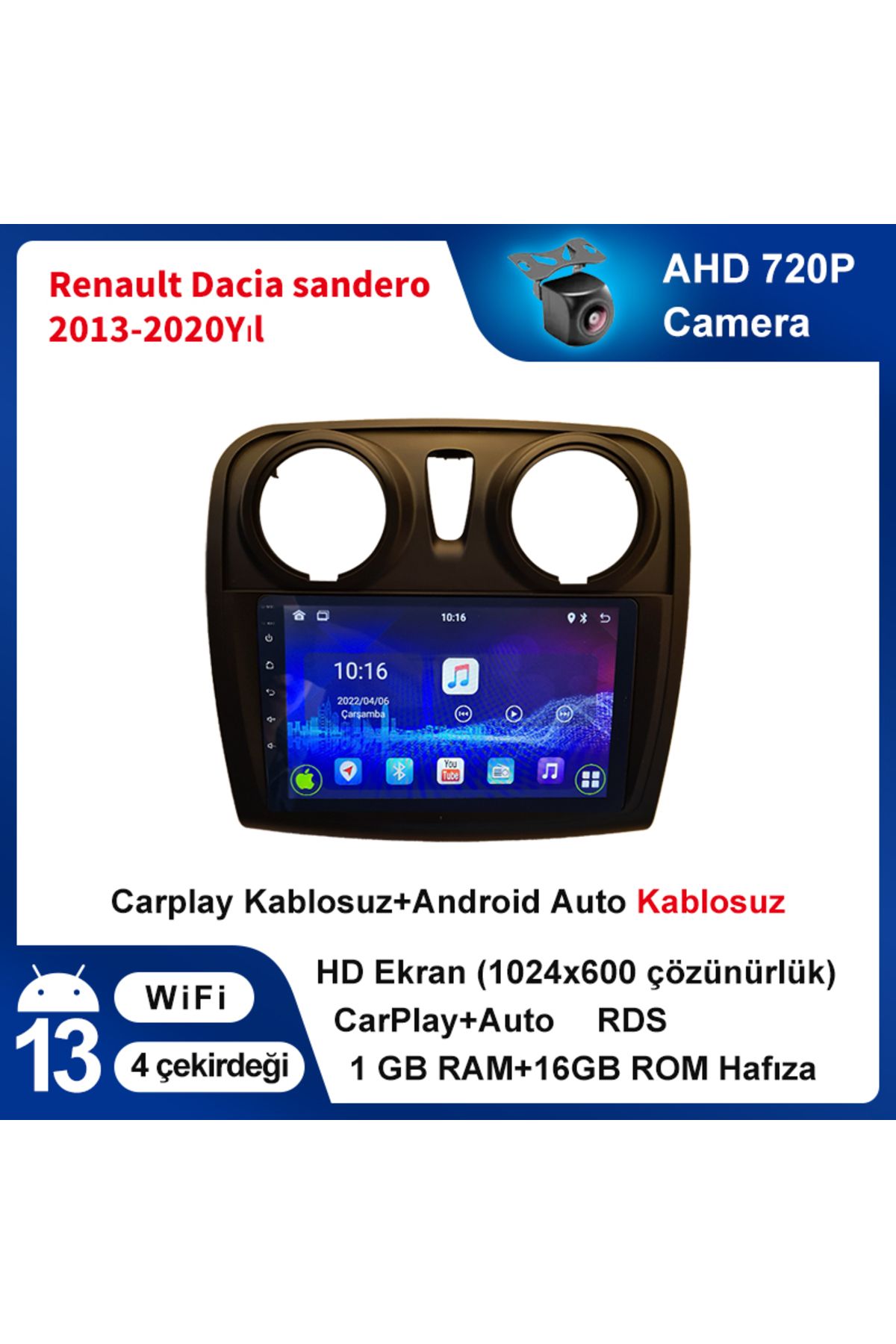 coni Dacia sandero 2013-2020 Uyumlu Yıl 1G Ram 16GRom Multimedya Kablosuz Carplay Navigasyo kamera