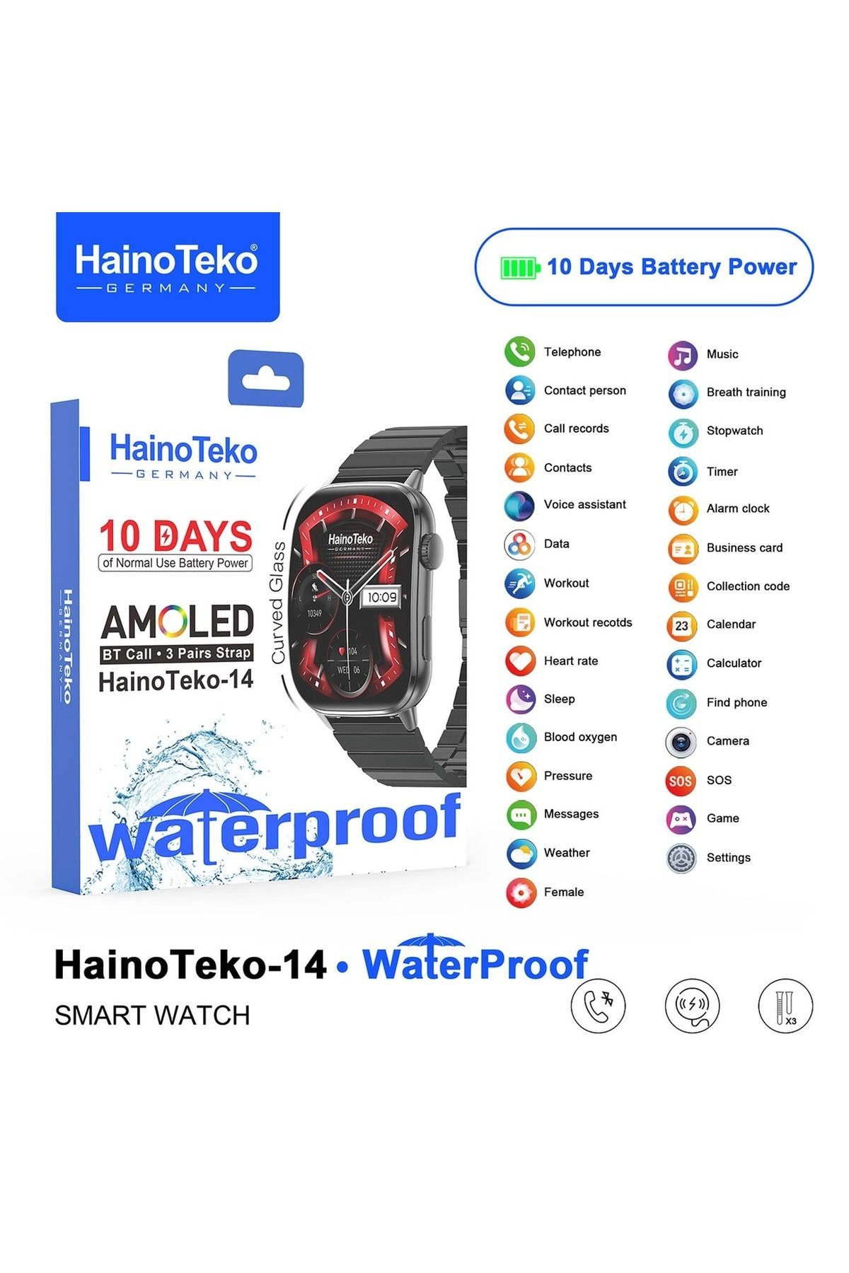 KAZEMTECH Haino TEKO-14 HAİNO TEKO SU GEÇİRMEZ AKILLI SAAT 3 KORDONLU