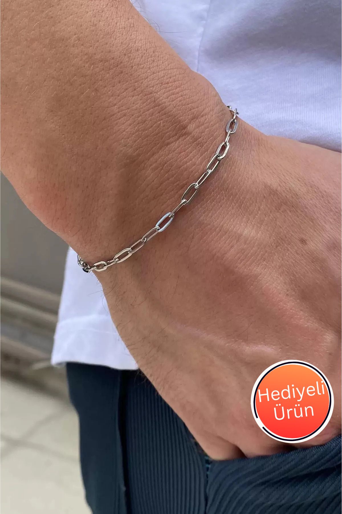 TAYEM Çelik Bileklik, Gümüş Renk Zincir Detaylı, Silver Ataç Model Çelik Bileklik (Unisex)