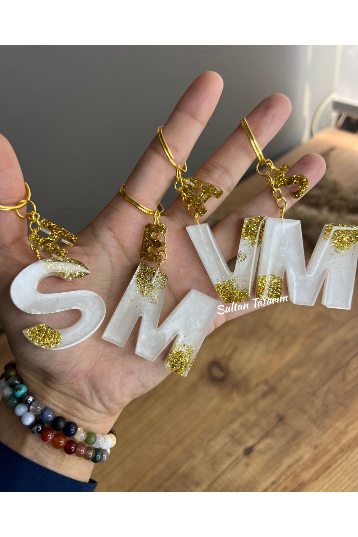 Sultan Tasarım-White Pearlescent Gold Glitter Tiny Letters - Number Keychain Set 3
