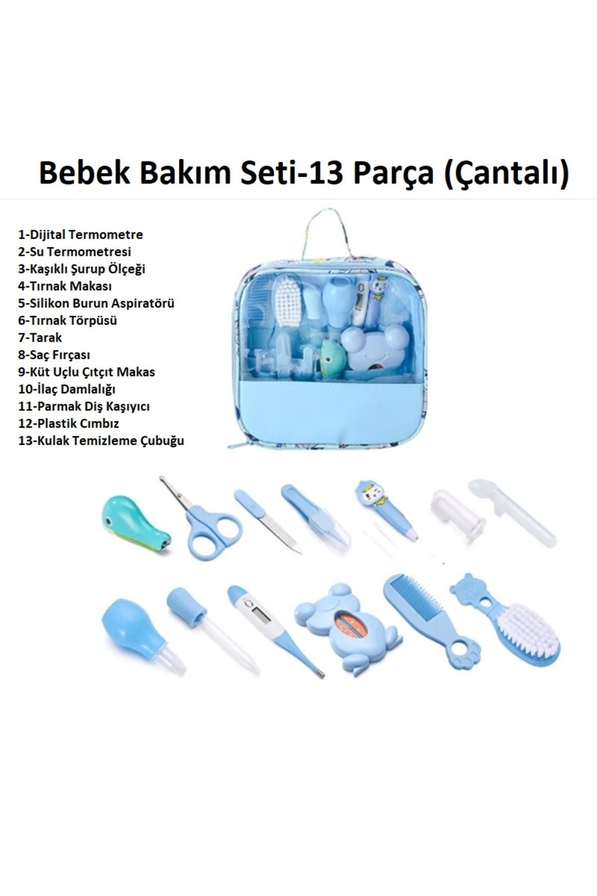 tutobaby Çantalı Bebek Bakım Seti Mavi (13 Parça)
