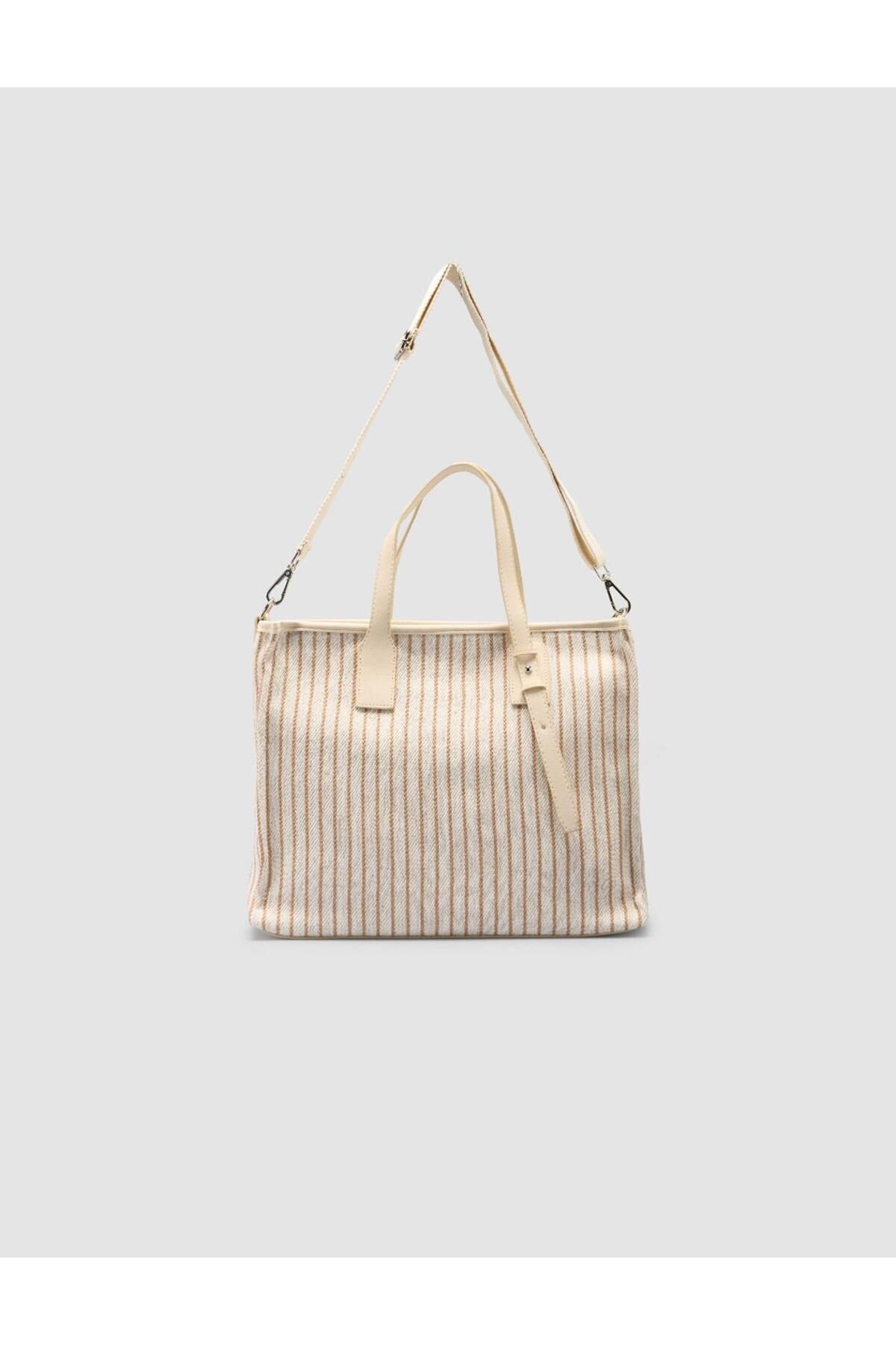 Cabani-Striped Linen Beige - Black Women's Bag 5