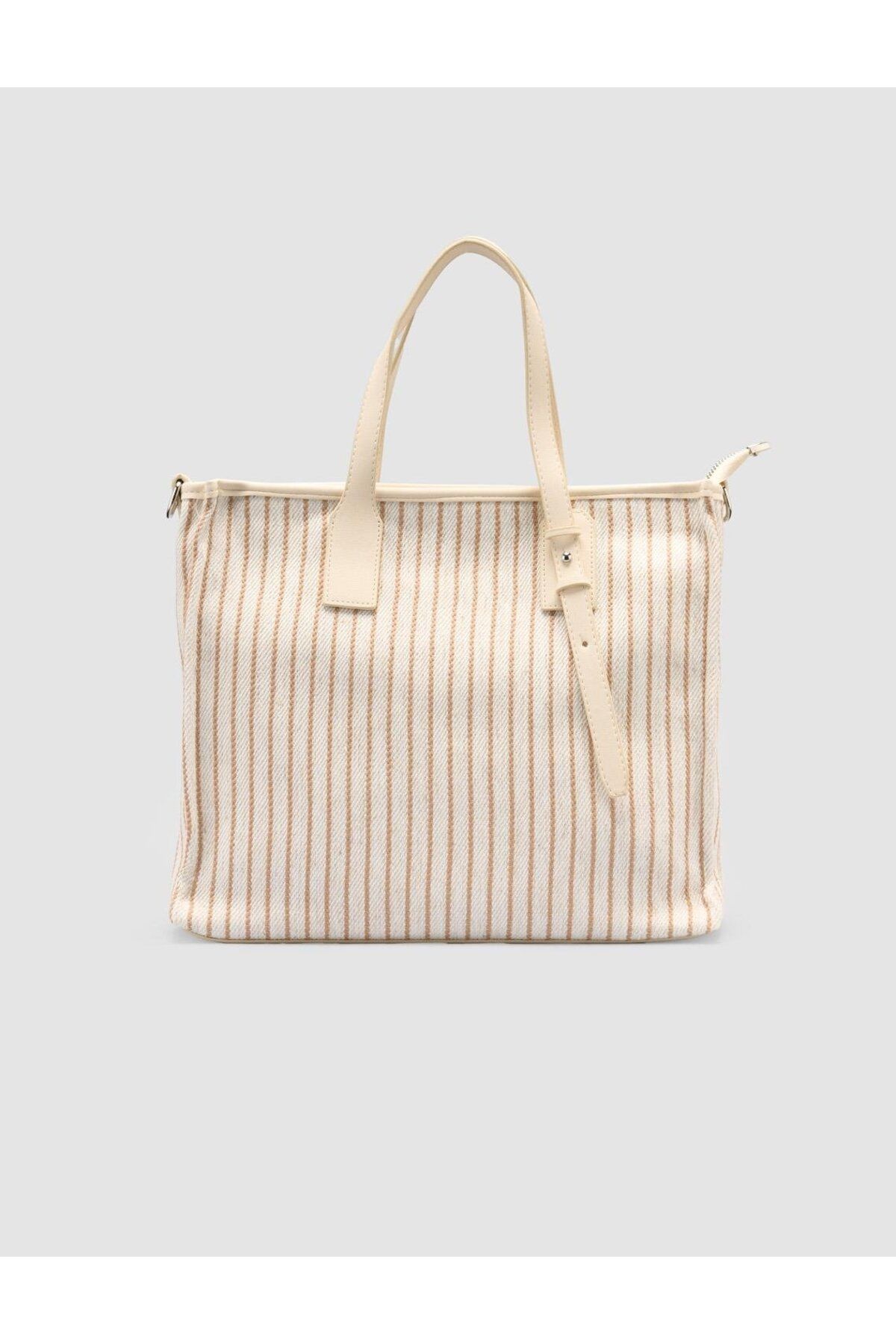 Cabani-Striped Linen Beige - Black Women's Bag 1