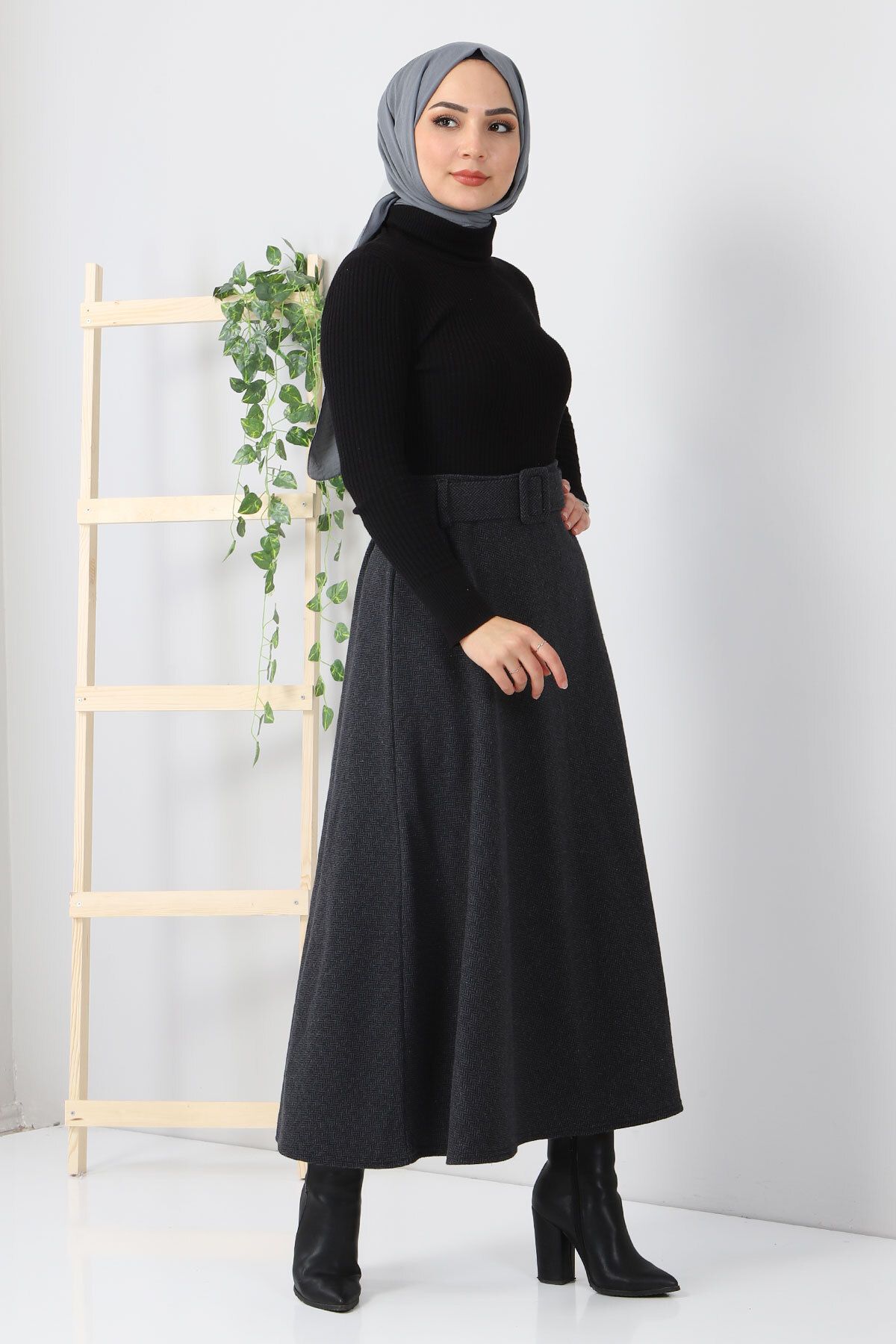 Tesettür Dünyası-Fustă Mevlana cu Motiv în Os Tsd0047 Afumat 4