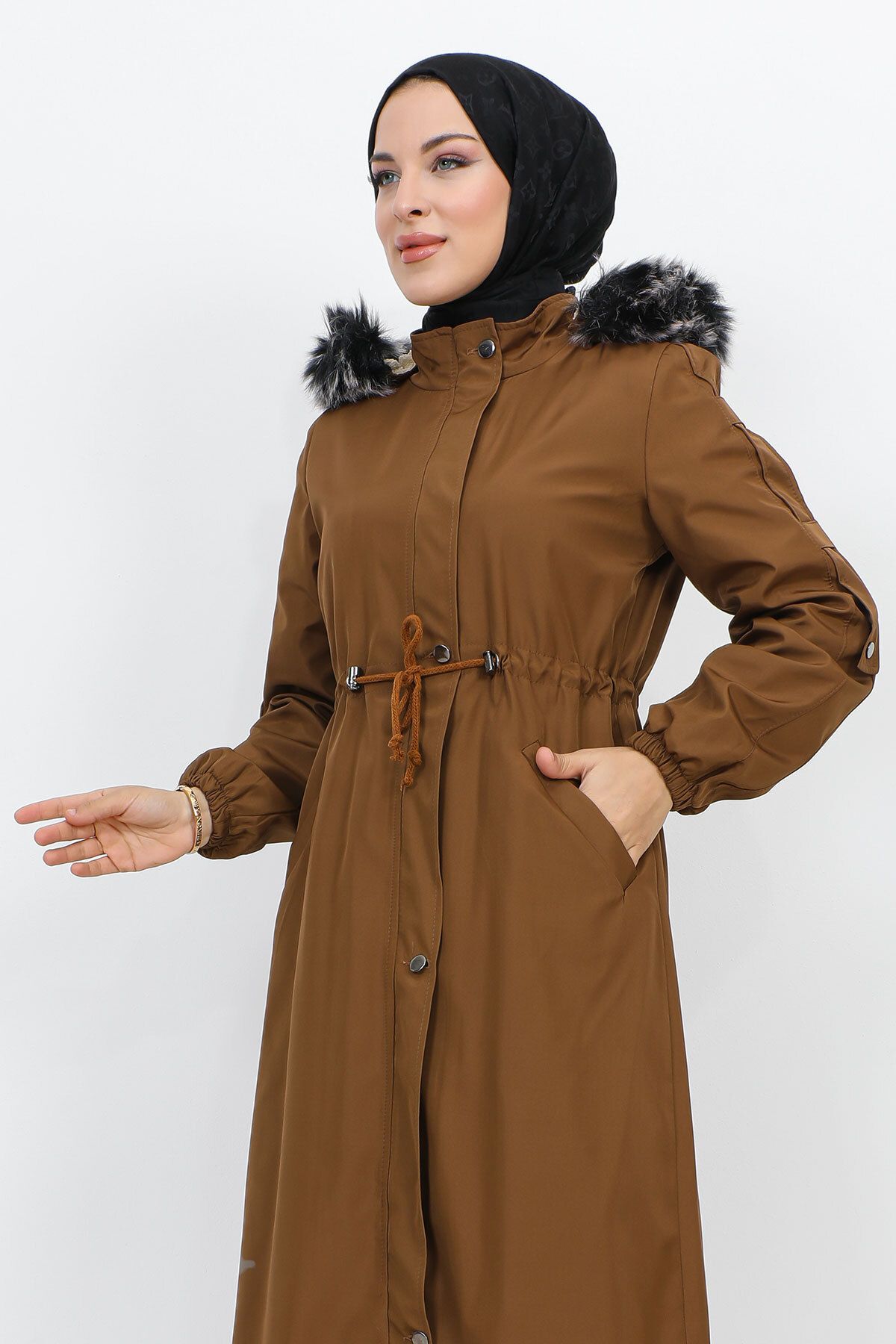 Tesettür Dünyası-Medium Length Bondit Coat with Plush Lining TSD231114 Tan 2