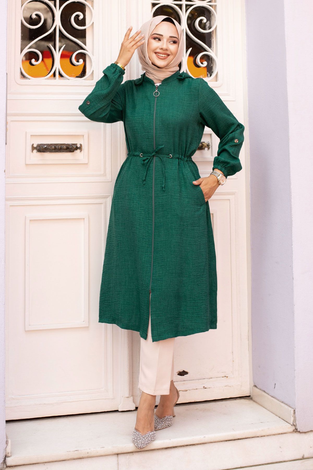 Tesettür Dünyası-Emerald Green Hooded and Rope Drawstring Cap - TSD240701 3