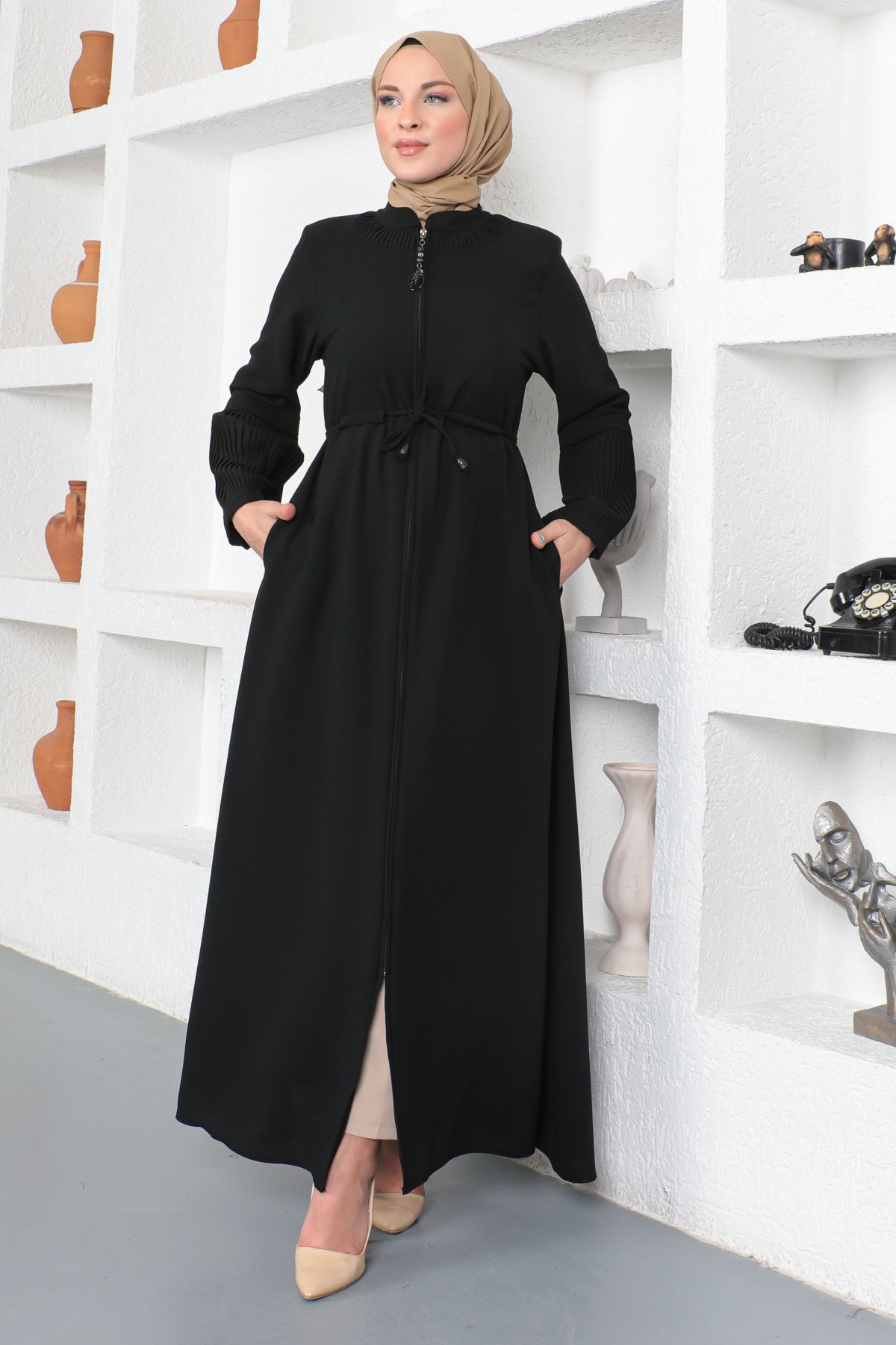Tesettür Dünyası-Wiązany w talii hidżab Abaya Tsd230342 Czarny 3