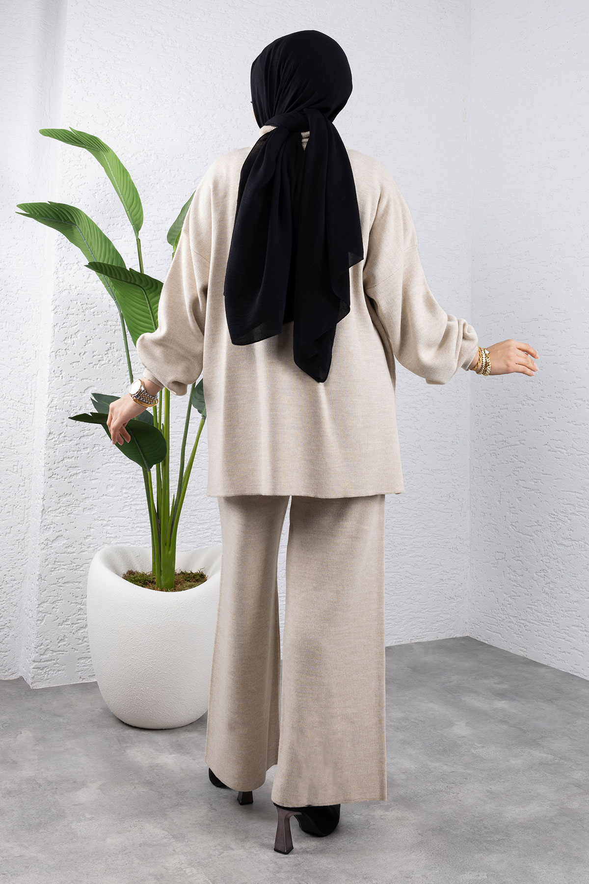 Tesettür Dünyası-Beige Balloon Sleeve Knitwear Set - Tsd 240952 5