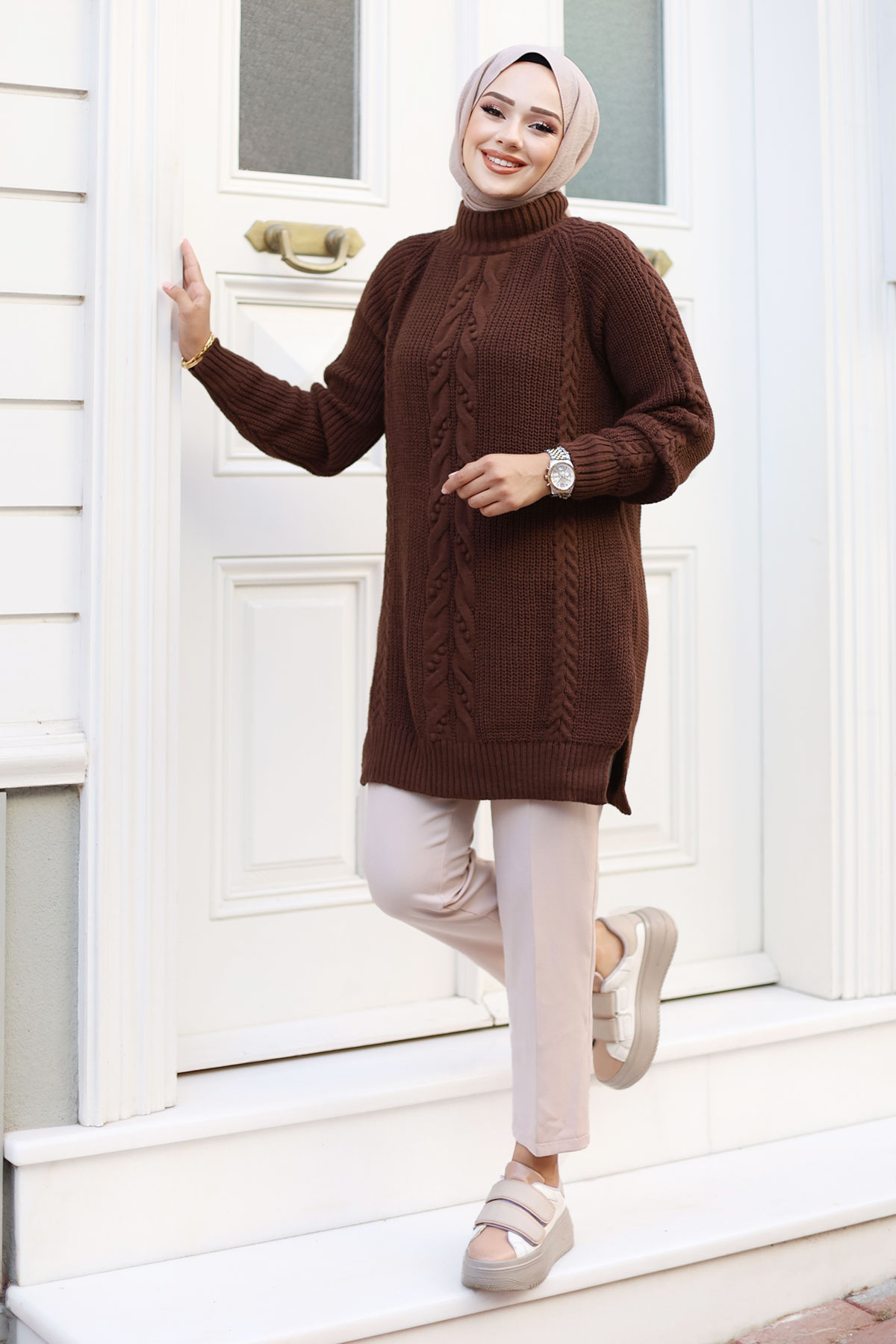 Tesettür Dünyası-Hair Knit Patterned Judge Collar Knitwear Tunic - TSD 240801 Brown 3