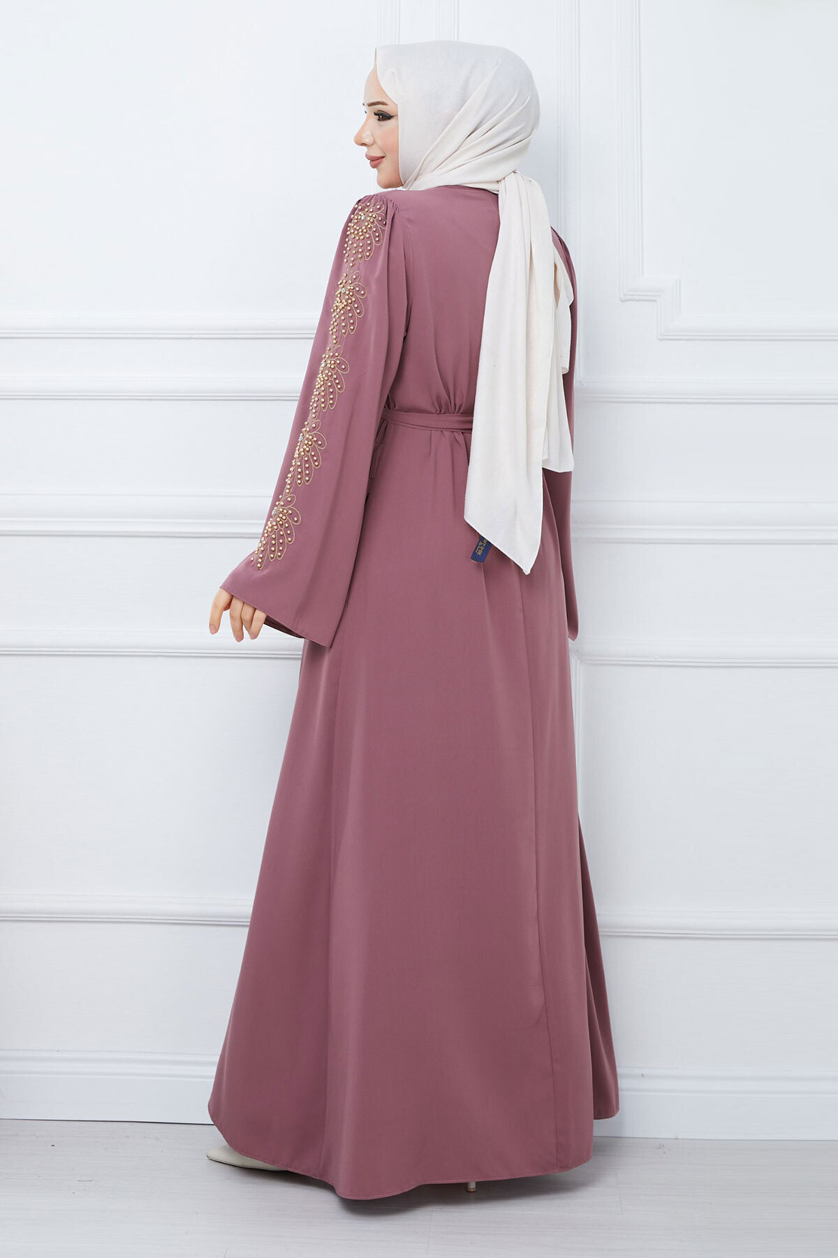 Tesettür Dünyası-Griff Perlen Bestickt Gürtel Hijab Ferace TSD240203 Getrocknete Rose 5