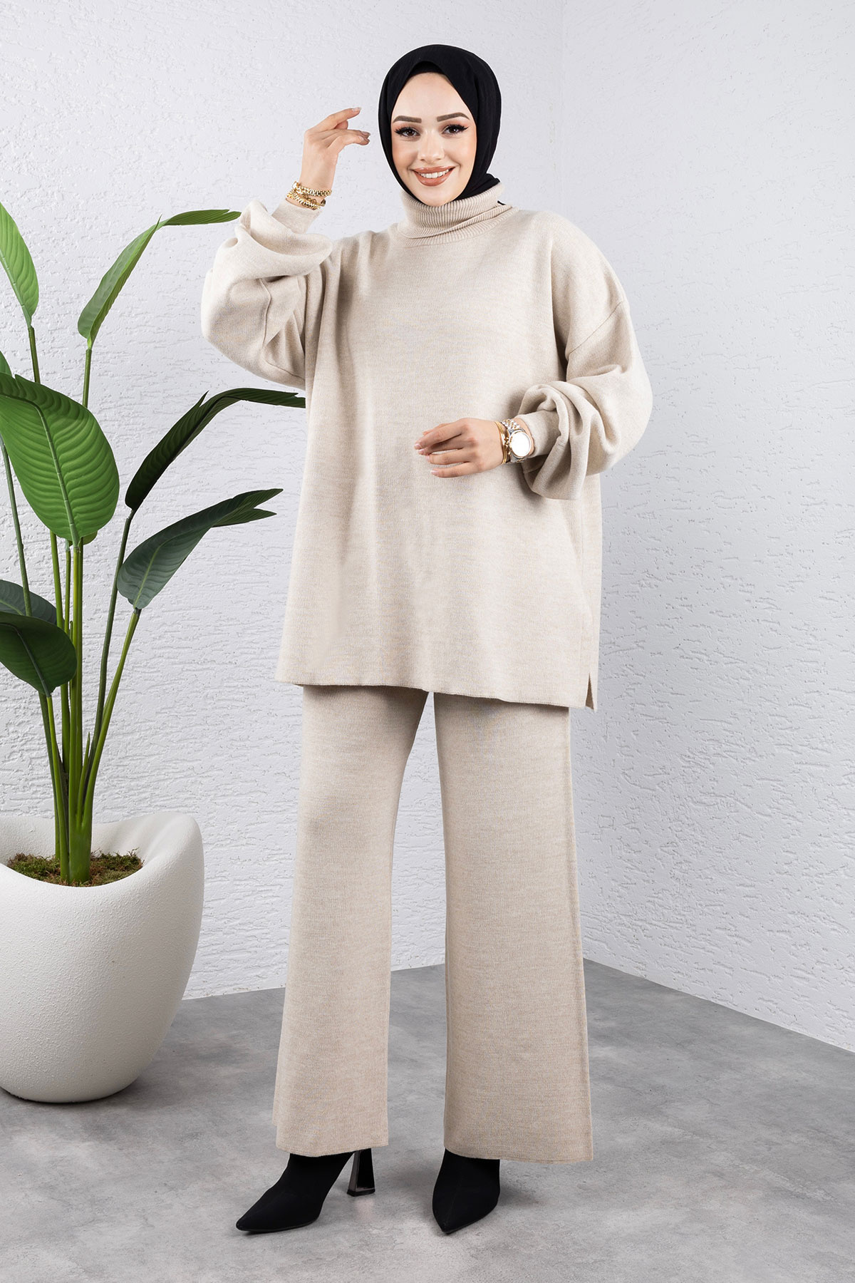 Tesettür Dünyası-Beige Balloon Sleeve Knitwear Set - Tsd 240952 1