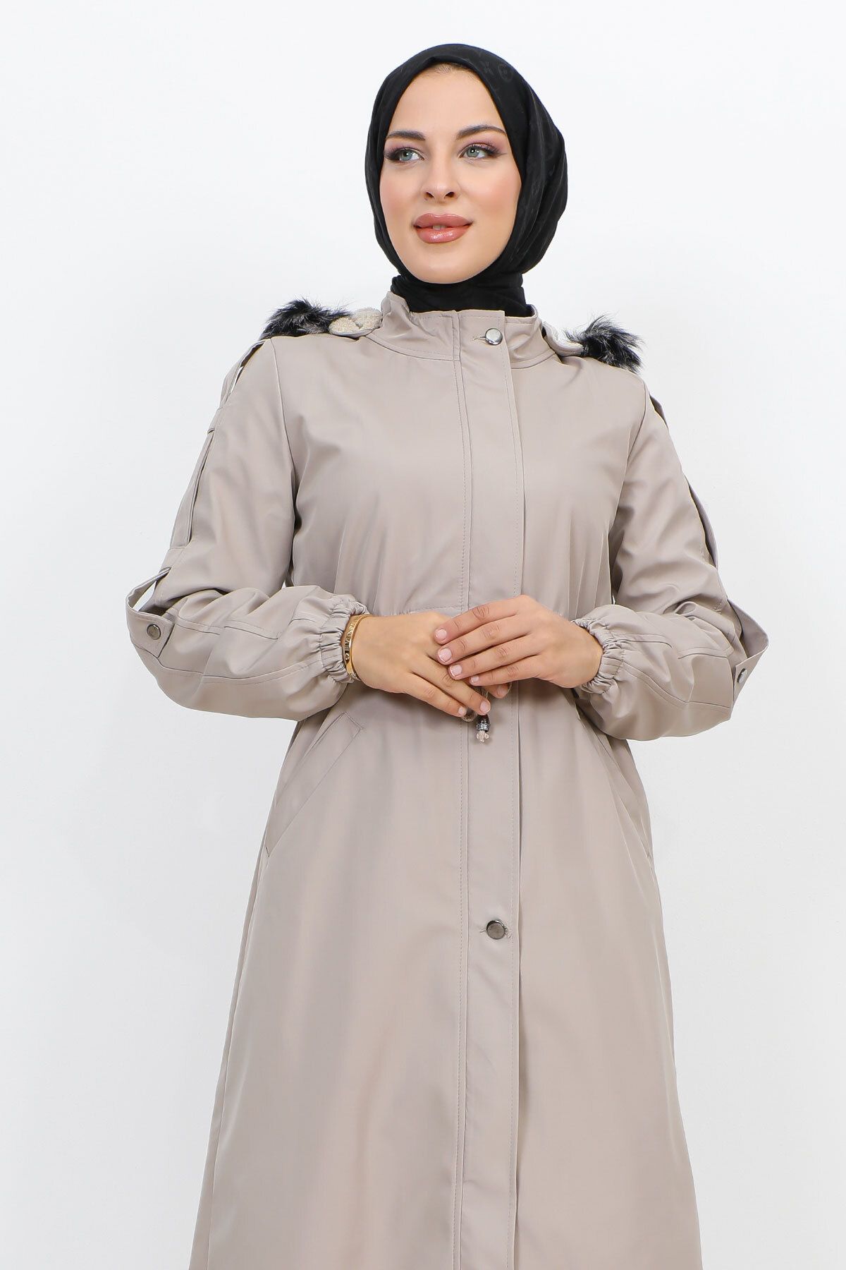 Tesettür Dünyası-Medium Length Bondit Coat with Plush Lining TSD231114 Beige 2