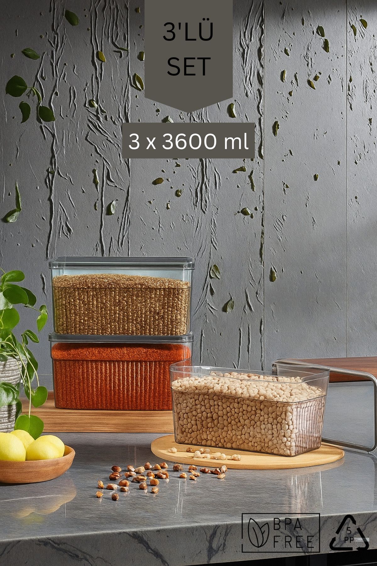 Espas Home 3 Parça Contalı ve Sızdırmaz Kapaklı Saklama Kabı Seti – Buzdolabı ve Kuru Gıda Uyumlu 3x3600 ml