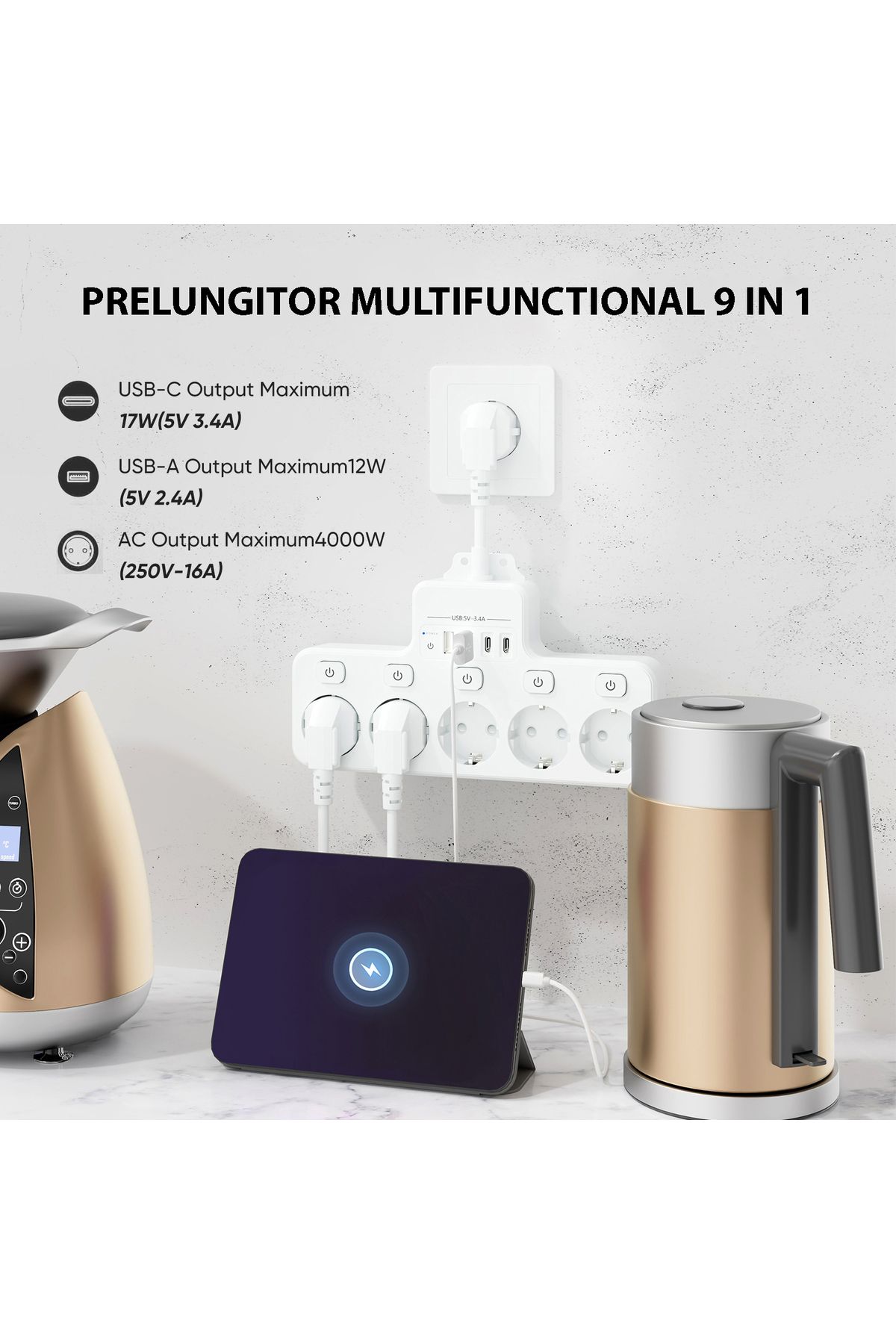 miraza-Multifunctional Socket, 5 X 4000w Sockets, 2 X Usb-c Pd, 2 X Usb, Individual Switch, Fireproof 3