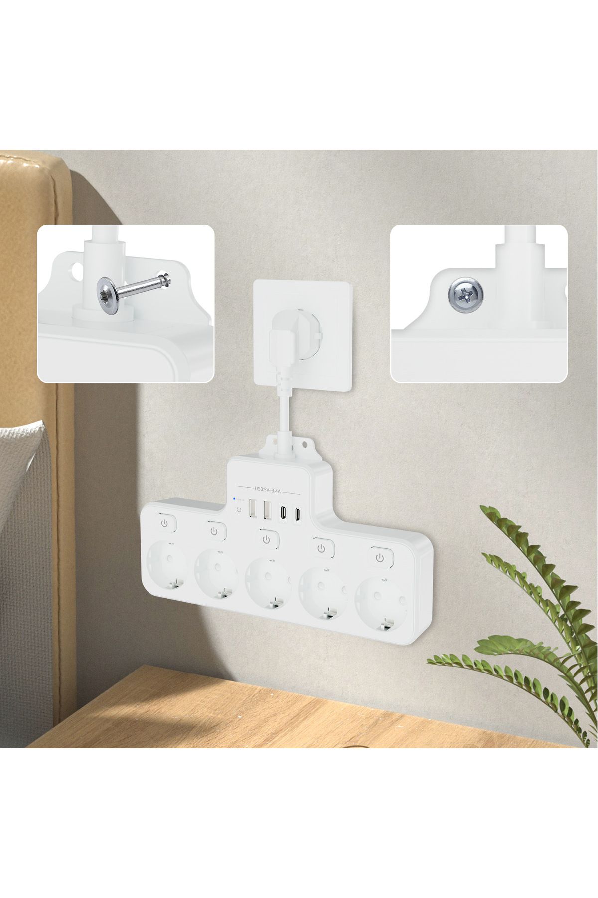 miraza-Multifunctional Socket, 5 X 4000w Sockets, 2 X Usb-c Pd, 2 X Usb, Individual Switch, Fireproof 6