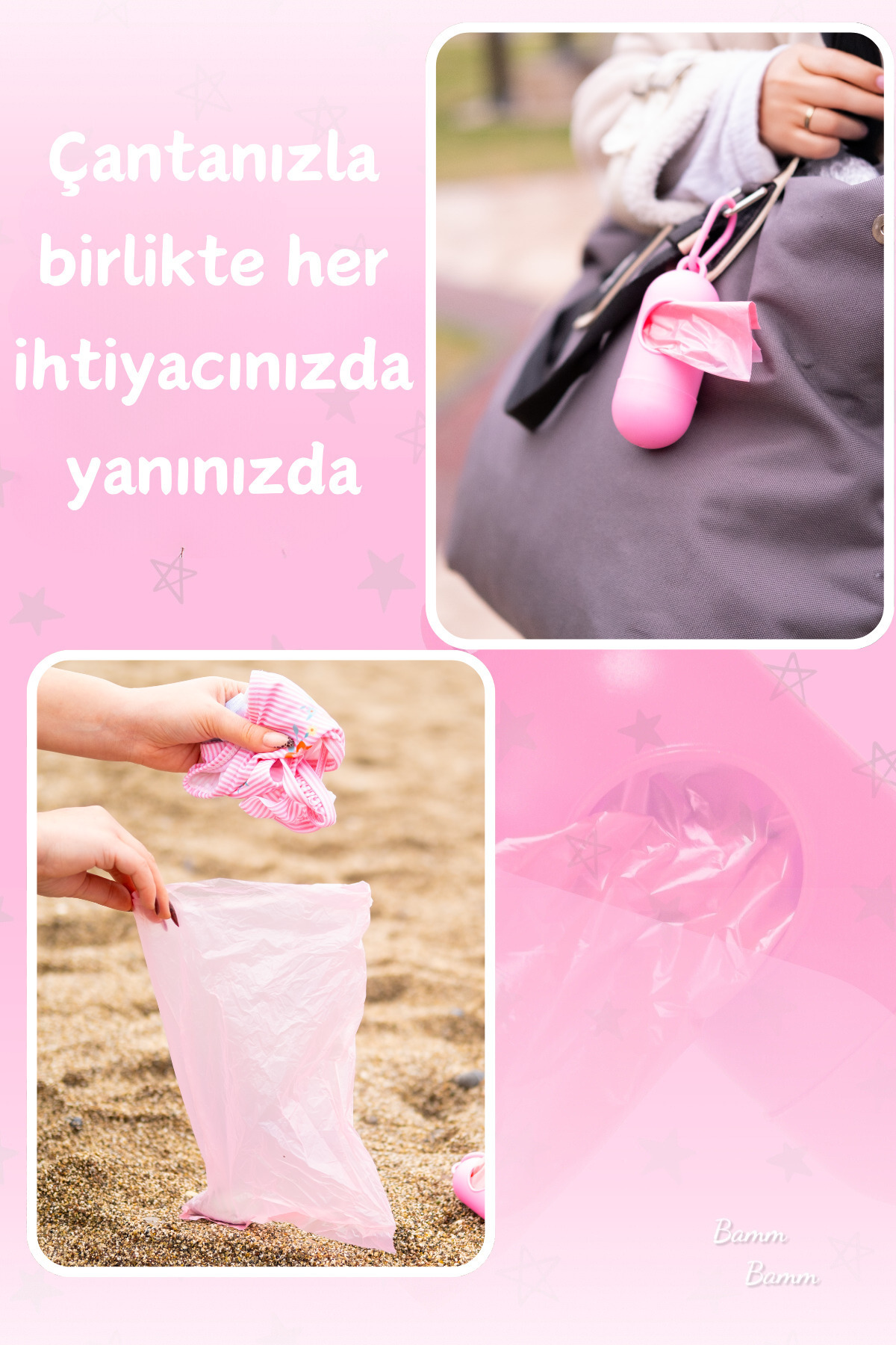 BAMM BAMM Kirli Bebek Bezi Çöp Poşeti Çanta Boy Pembe Taşıma Çantası Ve 2 Rulo (30 POŞET) fotoğrafı 6 (önizleme)