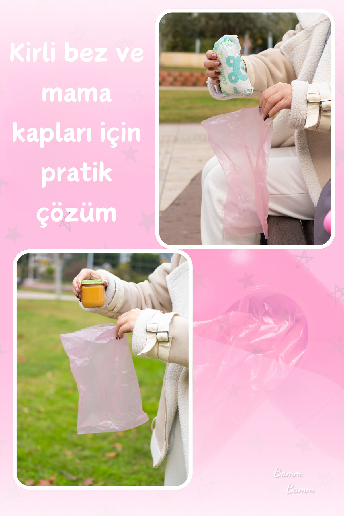 BAMM BAMM Kirli Bebek Bezi Çöp Poşeti Çanta Boy Pembe Taşıma Çantası Ve 2 Rulo (30 POŞET) fotoğrafı 7 (önizleme)